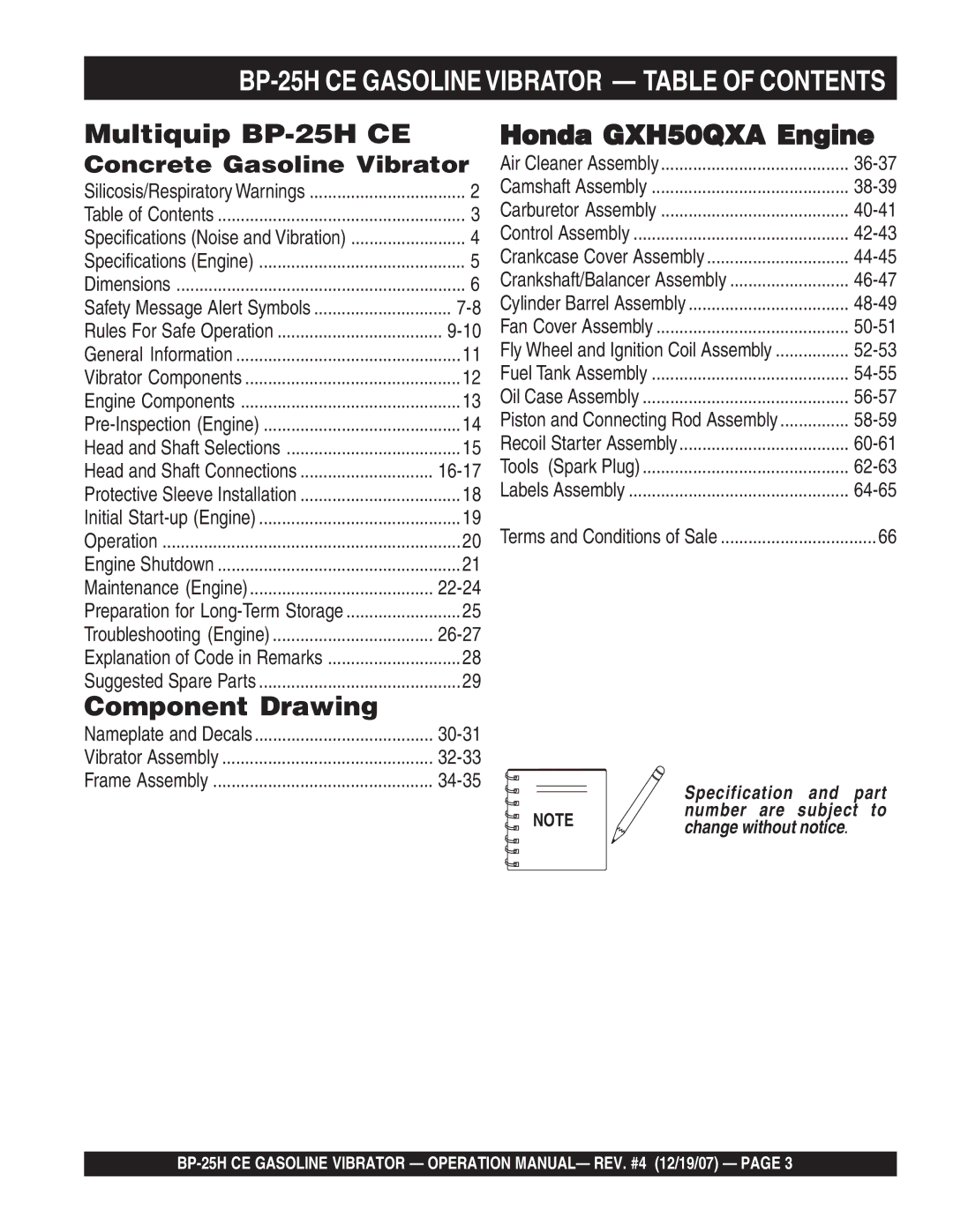 Multiquip manual Multiquip BP-25H CE, BP-25H CE Gasoline Vibrator Table of Contents 