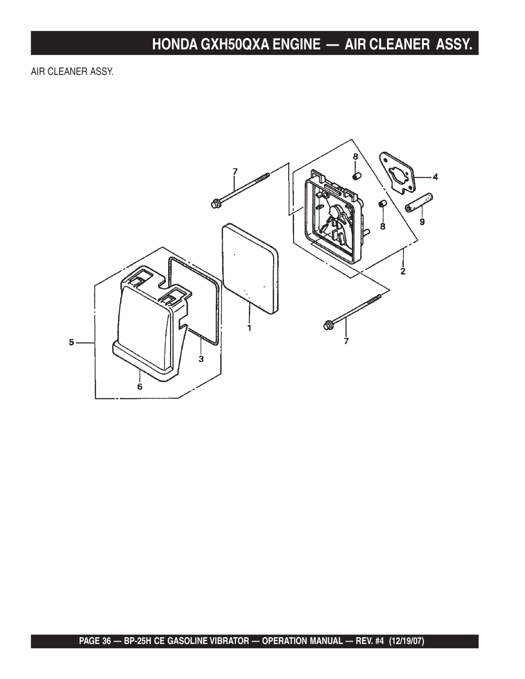 Multiquip BP-25H CE manual Honda GXH50QXA Engine AIR Cleaner Assy 