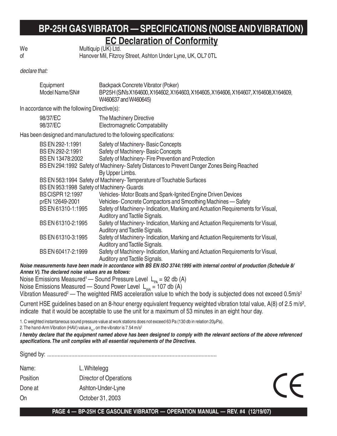 Multiquip BP-25H CE manual EC Declaration of Conformity, BP-25H Gasvibrator Specifications Noise Andvibration 