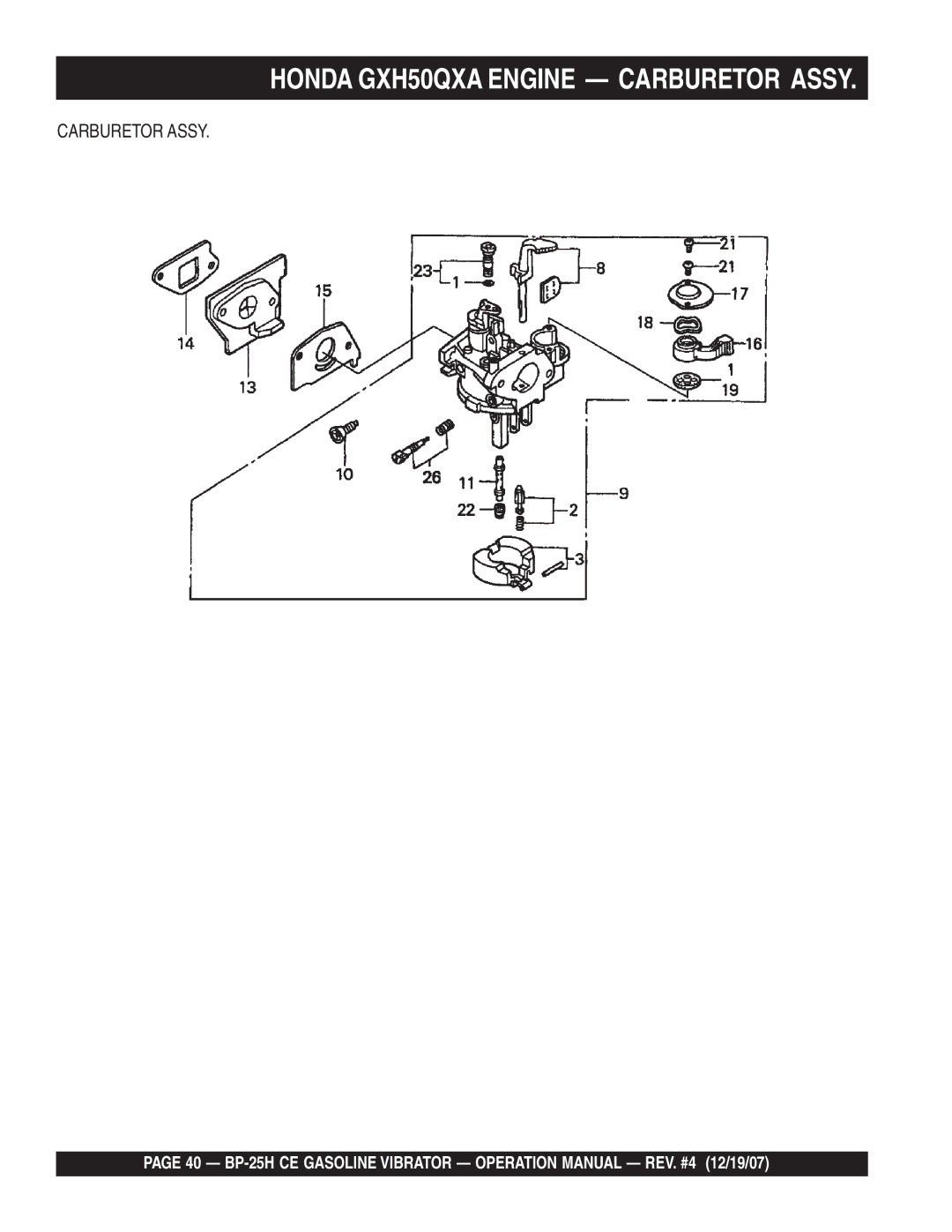 Multiquip BP-25H CE manual Honda GXH50QXA Engine Carburetor Assy 