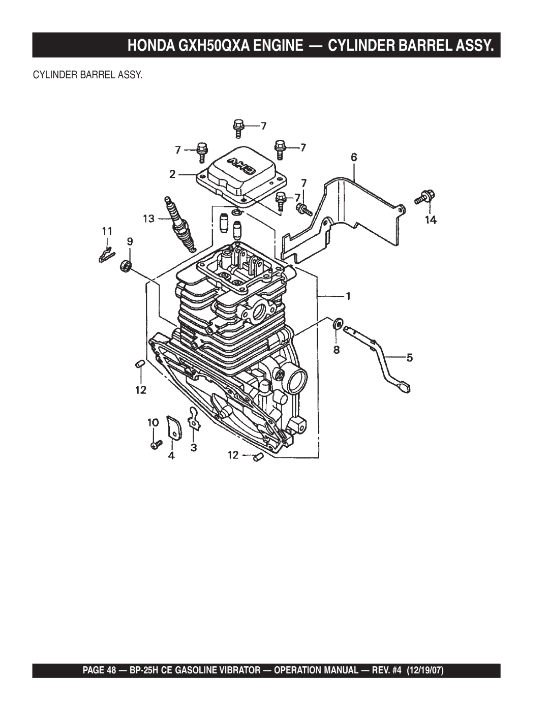 Multiquip BP-25H CE manual Honda GXH50QXA Engine Cylinder Barrel Assy 