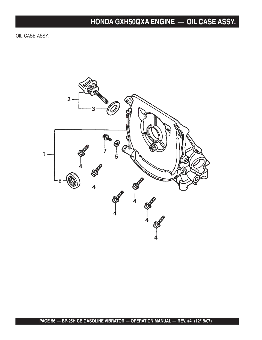 Multiquip BP-25H CE manual Honda GXH50QXA Engine OIL Case Assy 