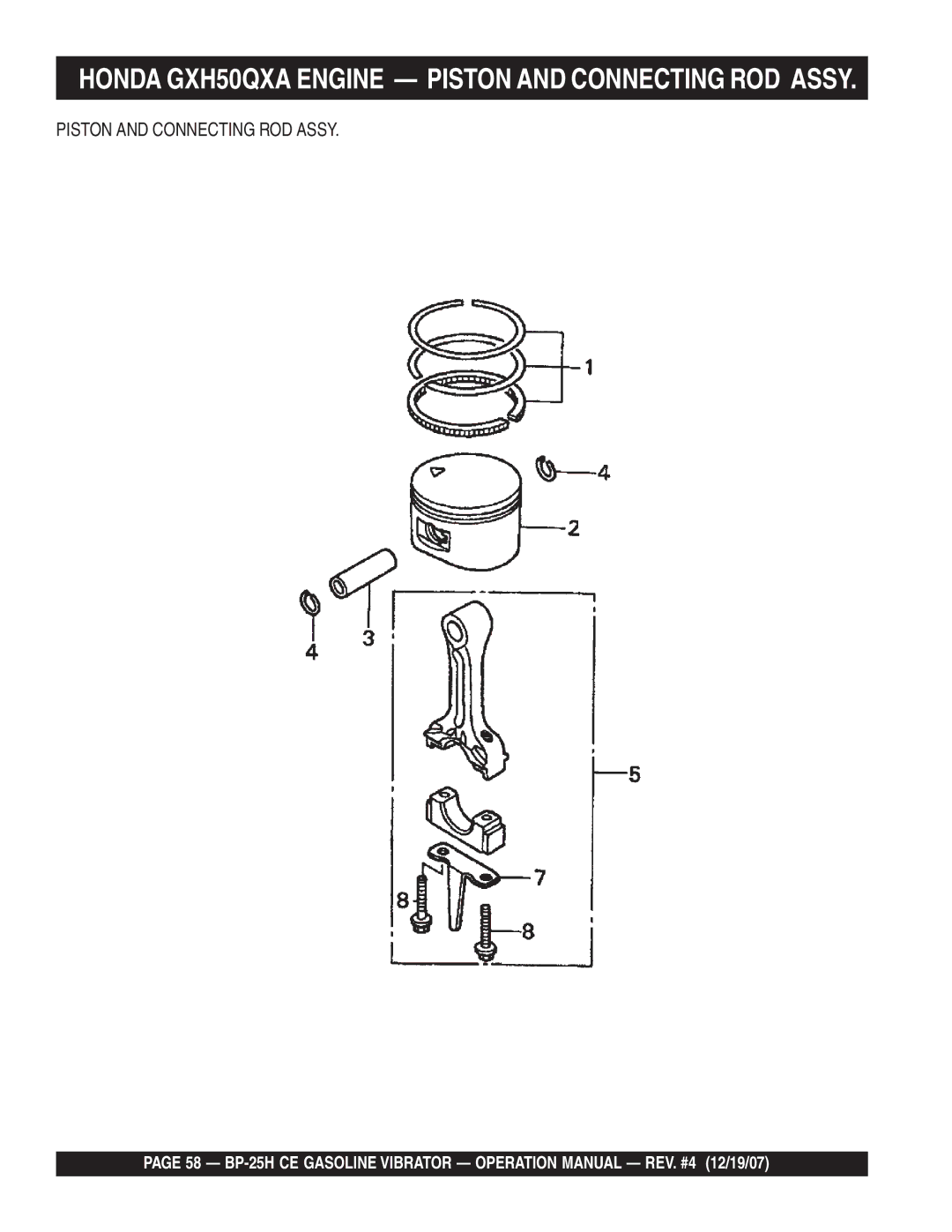 Multiquip BP-25H CE manual Honda GXH50QXA Engine Piston and Connecting ROD Assy 