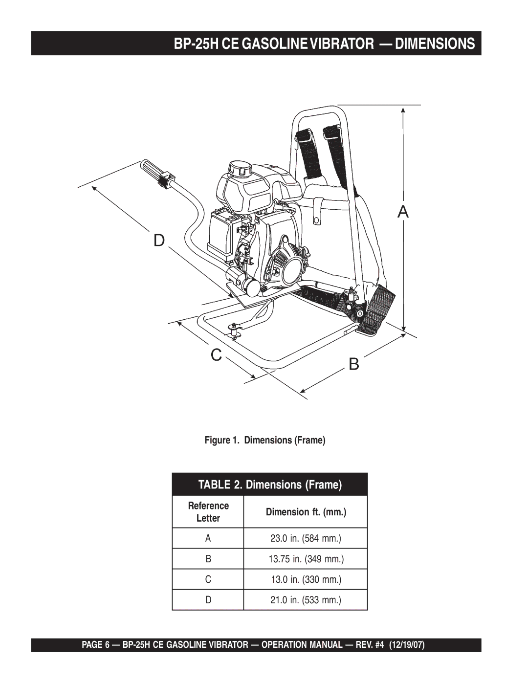 Multiquip BP-25H CE manual Dimensions Frame, Reference Dimension ft. mm 