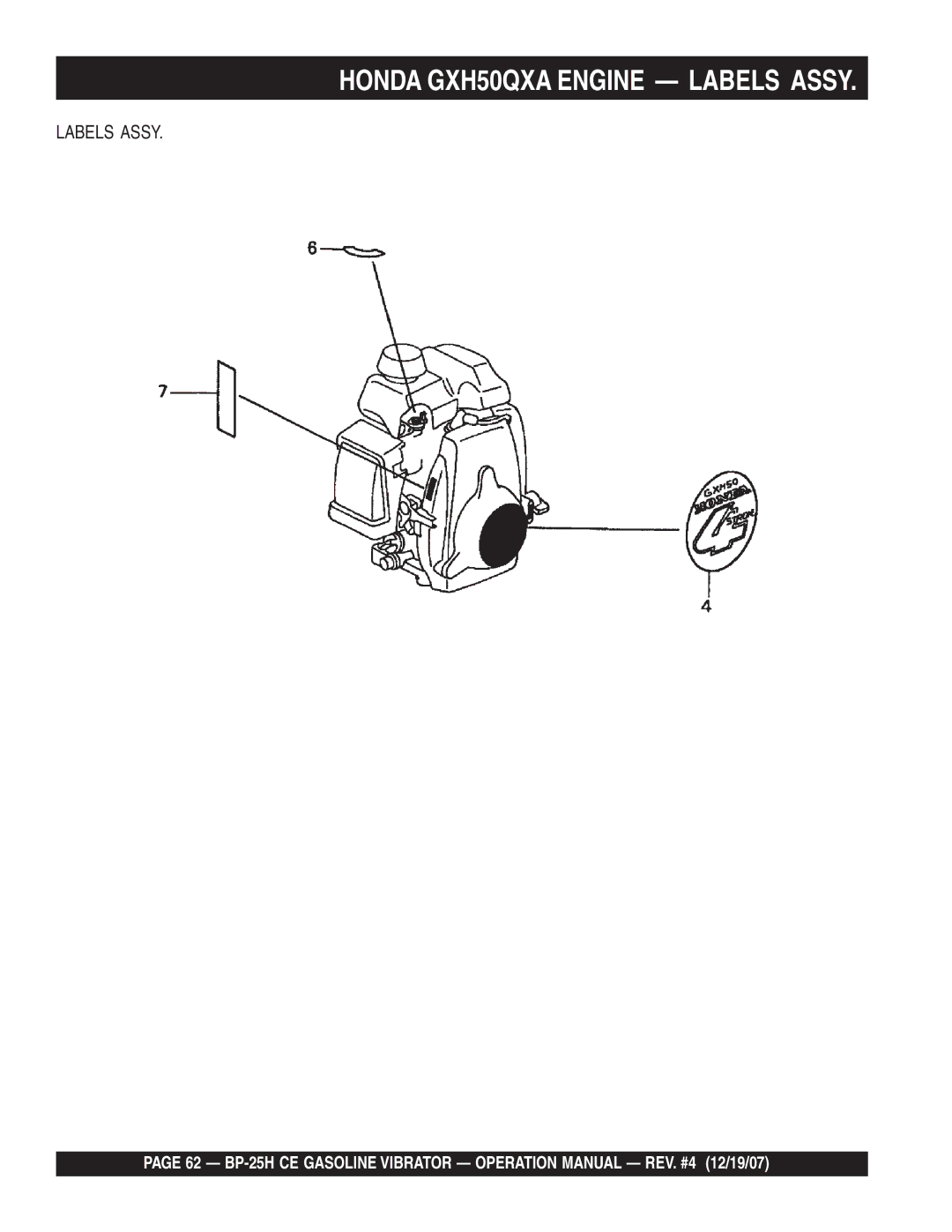 Multiquip BP-25H CE manual Honda GXH50QXA Engine Labels Assy 