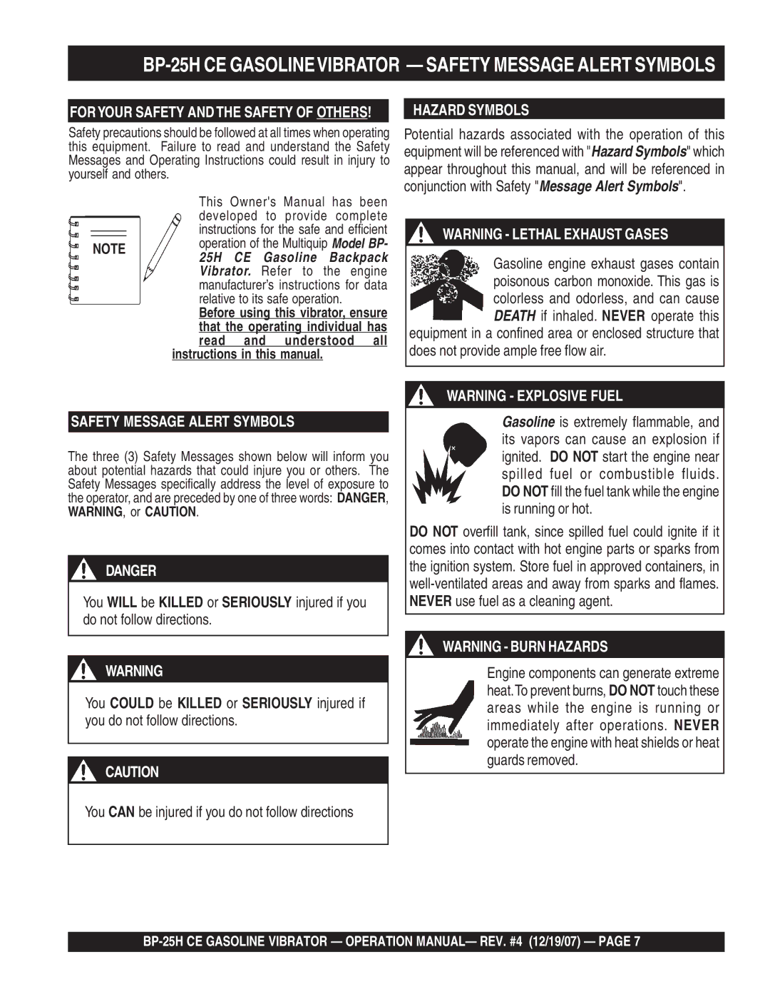 Multiquip manual BP-25H CE Gasolinevibrator Safety Message Alert Symbols 