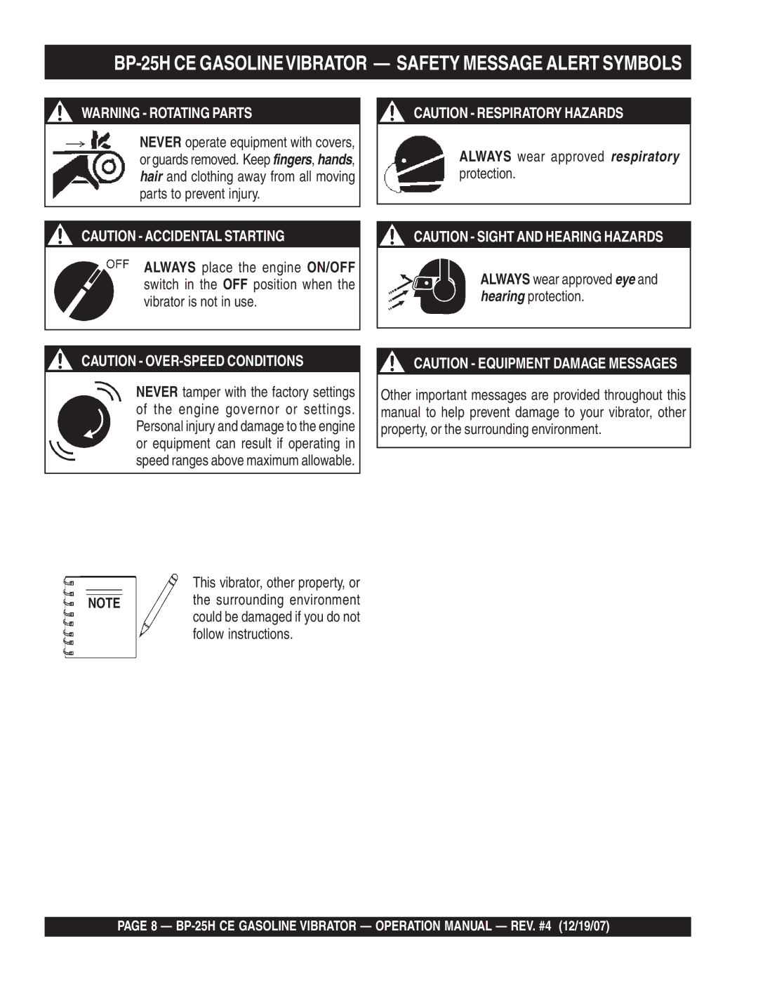 Multiquip manual BP-25H CE Gasolinevibrator Safety Message Alert Symbols 