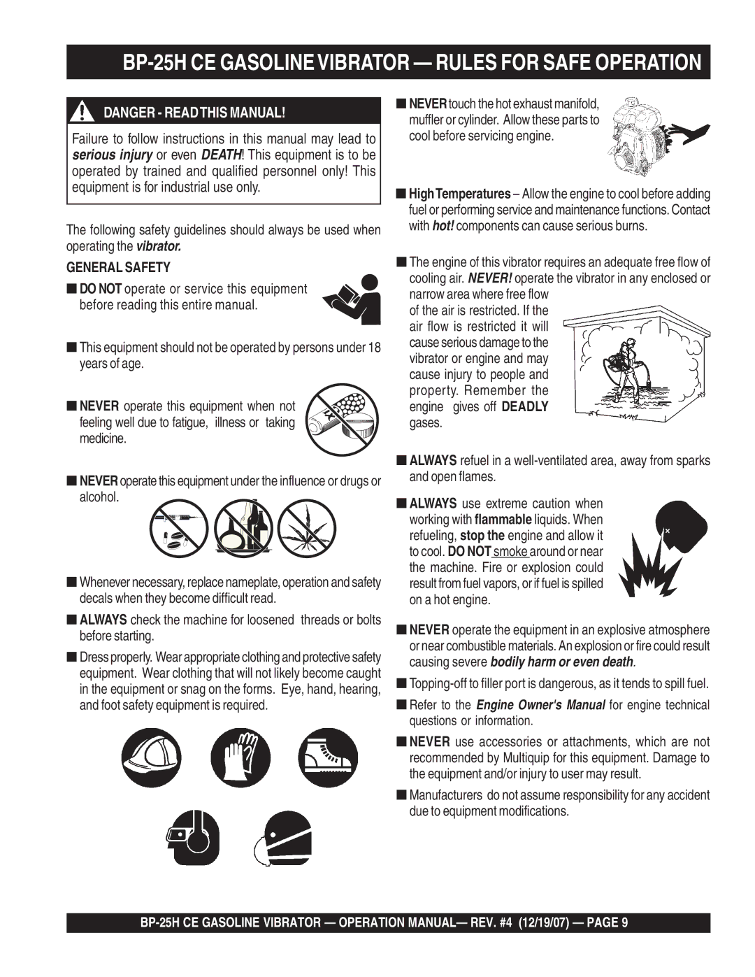 Multiquip manual BP-25H CE Gasolinevibrator Rules for Safe Operation, General Safety 