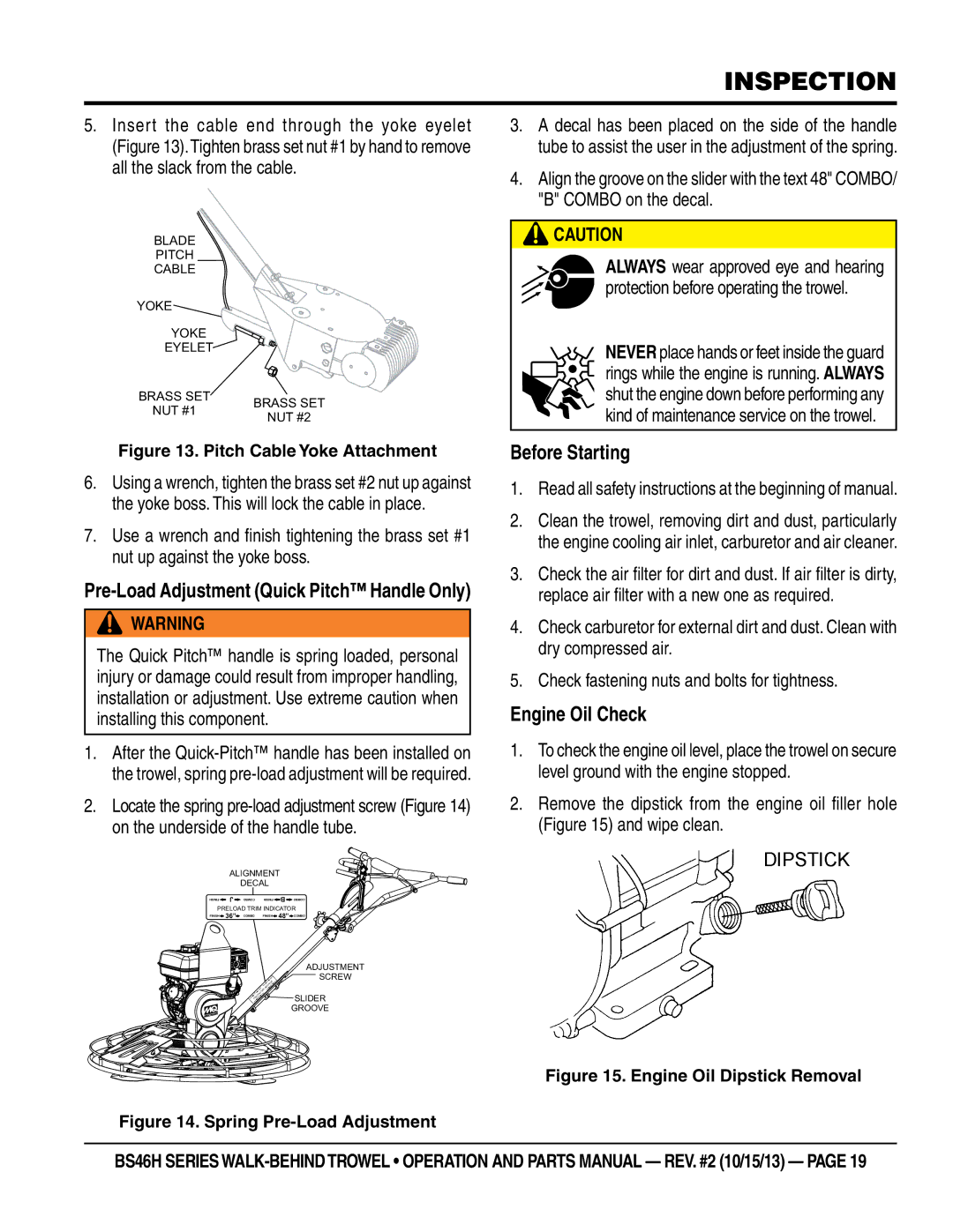 Multiquip BS46H90, BS46HLE, BS46H11 manual Inspection, Before Starting, Engine Oil Check 