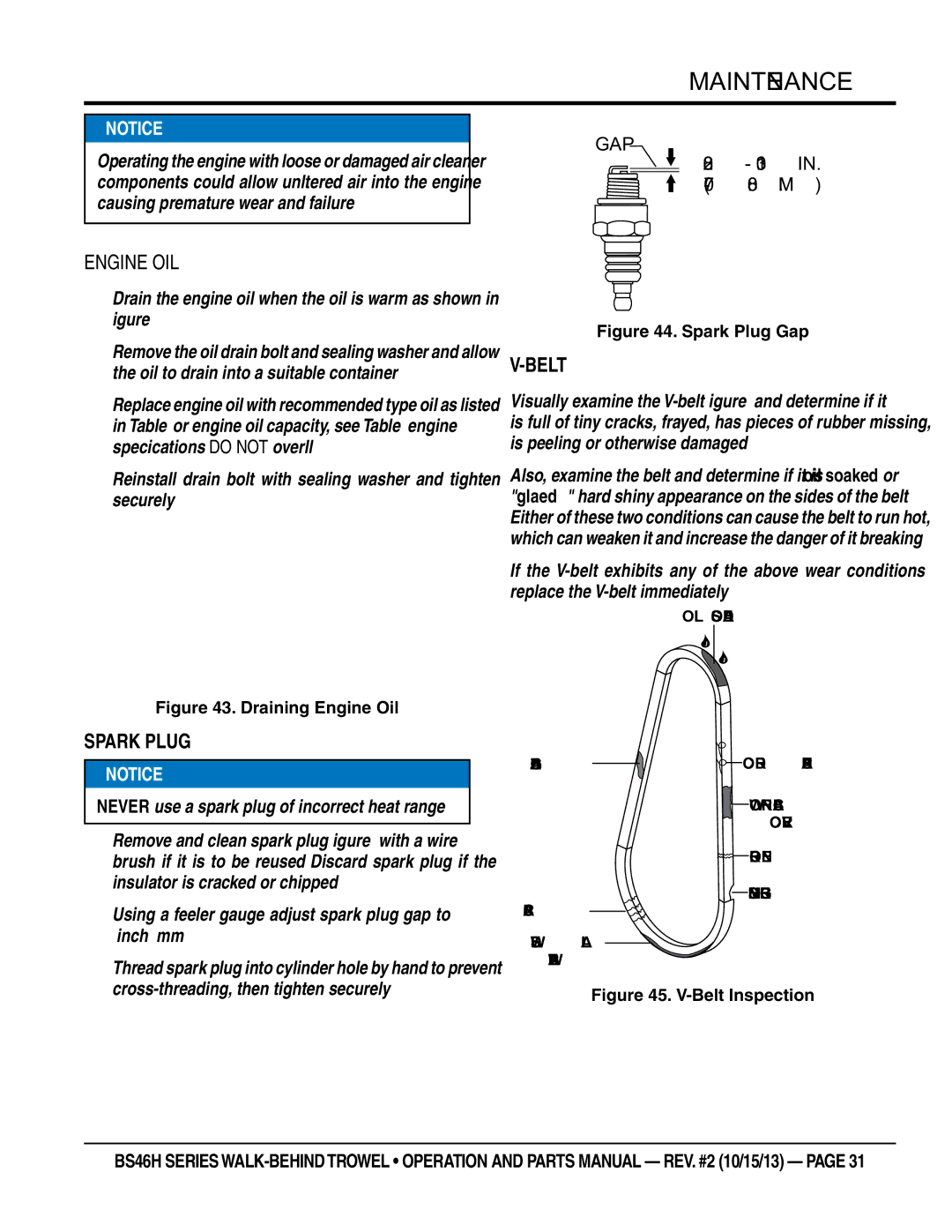 Multiquip BS46H90, BS46HLE, BS46H11 manual Engine oil, Spark Plug, Belt, Never use a spark plug of incorrect heat range 