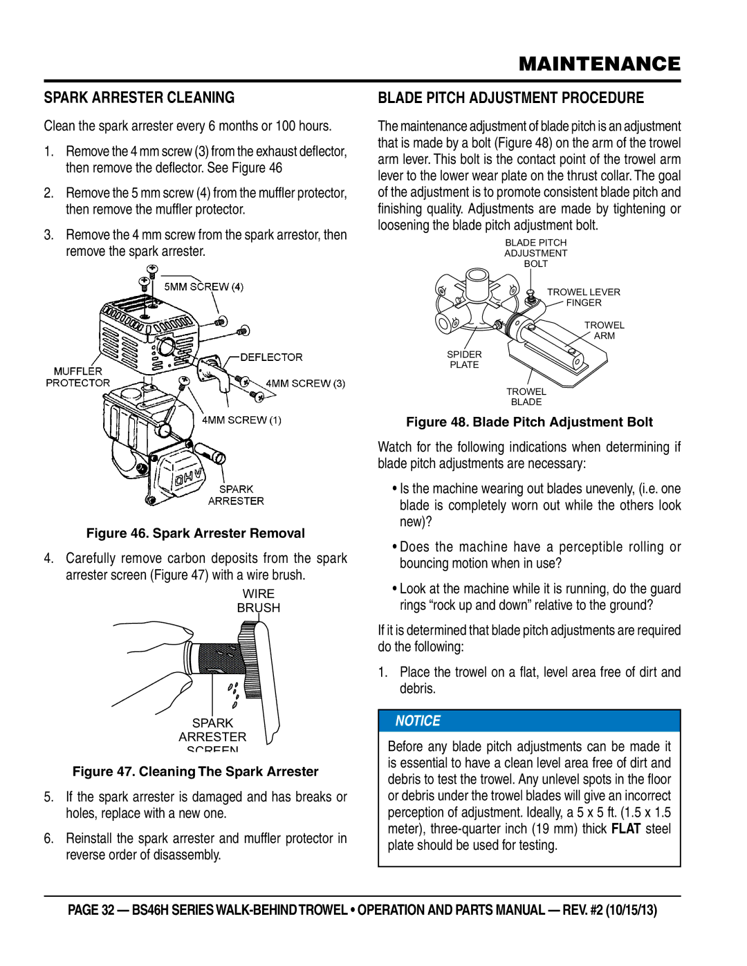 Multiquip BS46H11, BS46HLE, BS46H90 manual Spark arrester cleaning, Blade Pitch Adjustment Procedure 