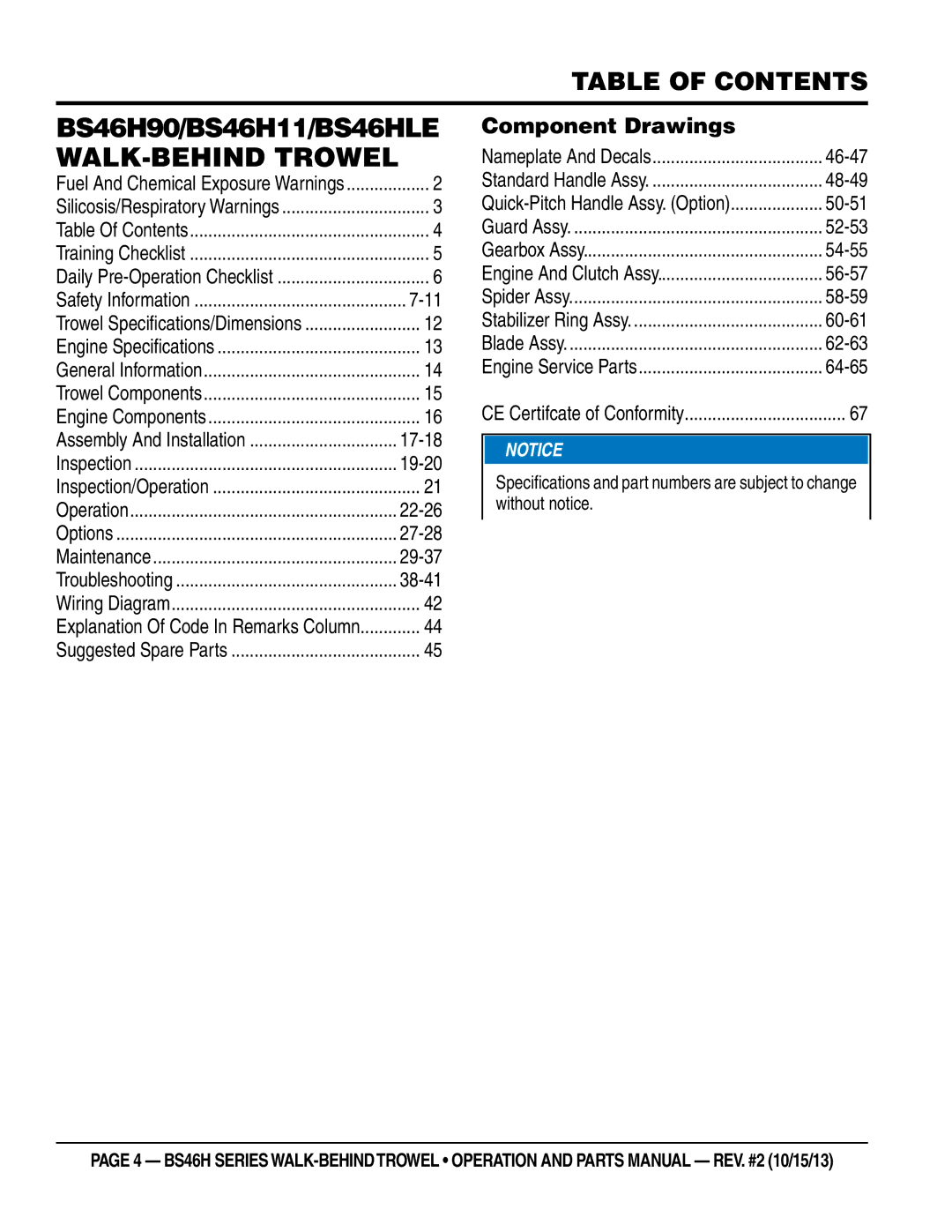 Multiquip BS46H90, BS46HLE, BS46H11 manual WALK-BEHIND Trowel, Table of Contents 