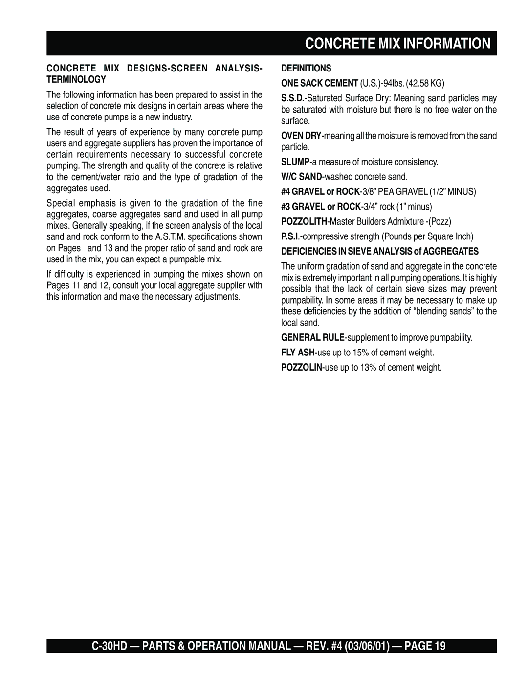 Multiquip C-30HD operation manual Concrete MIX DESIGNS-SCREEN ANALYSIS- Terminology, Definitions 