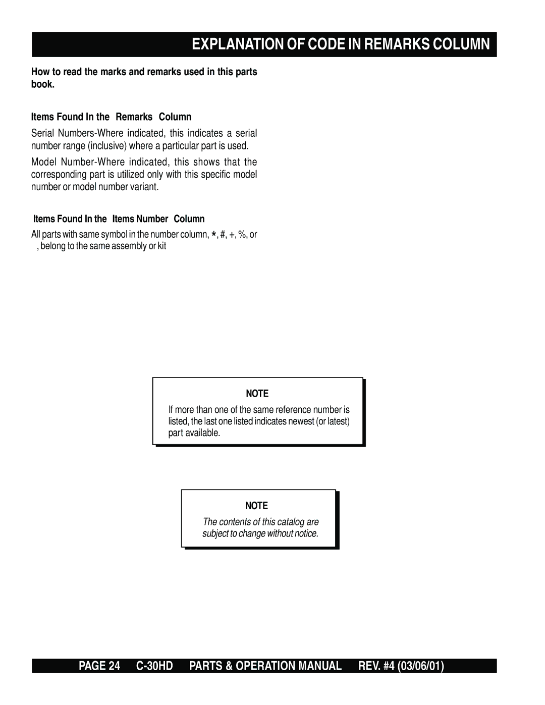 Multiquip C-30HD operation manual Explanation of Code in Remarks Column, Items Found In the Items Number Column 