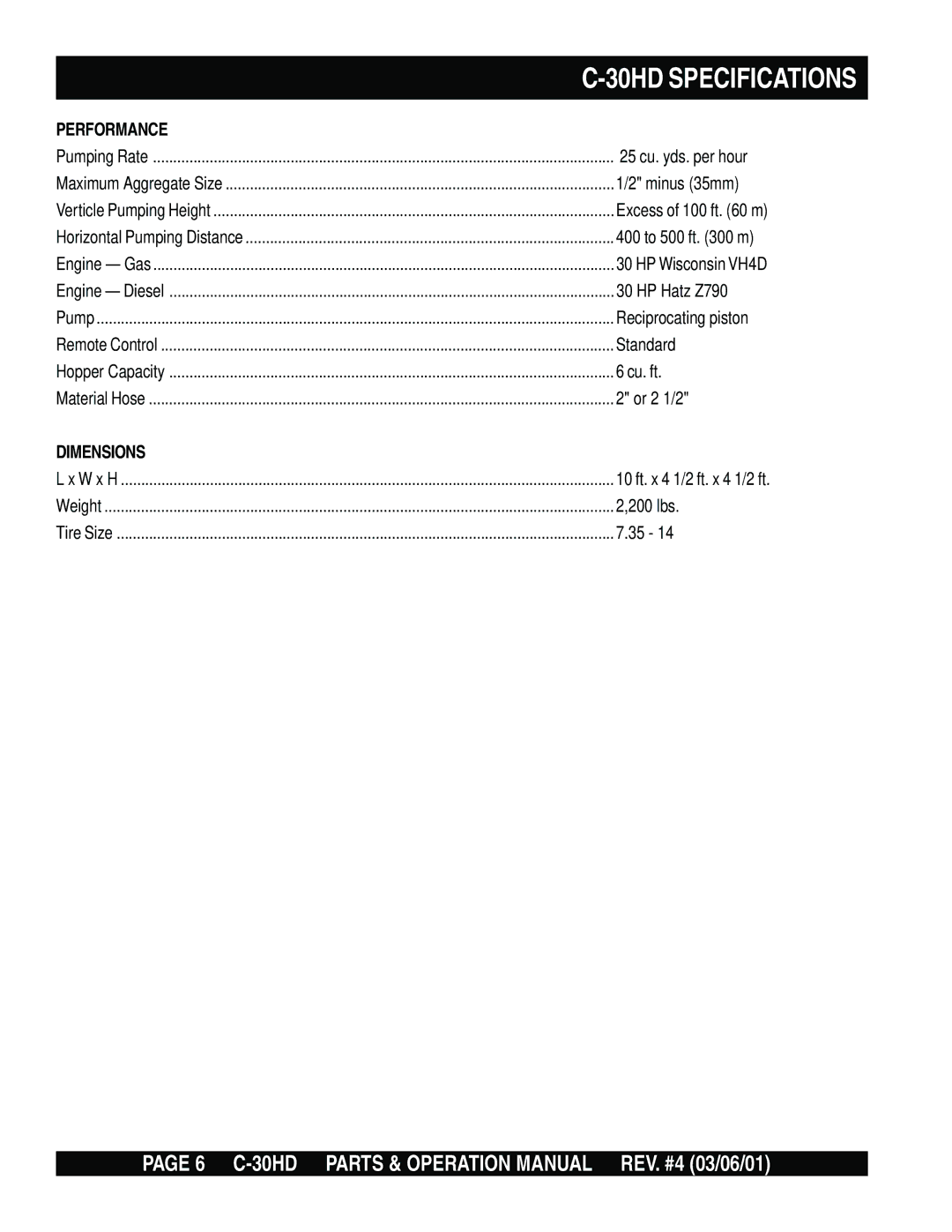 Multiquip C-30HD operation manual Performance, Dimensions 