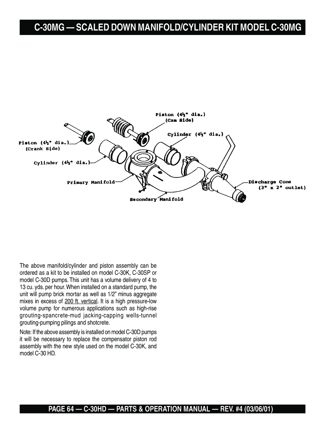 Multiquip C-30HD operation manual 30MG Scaled Down MANIFOLD/CYLINDER KIT Model C-30MG 