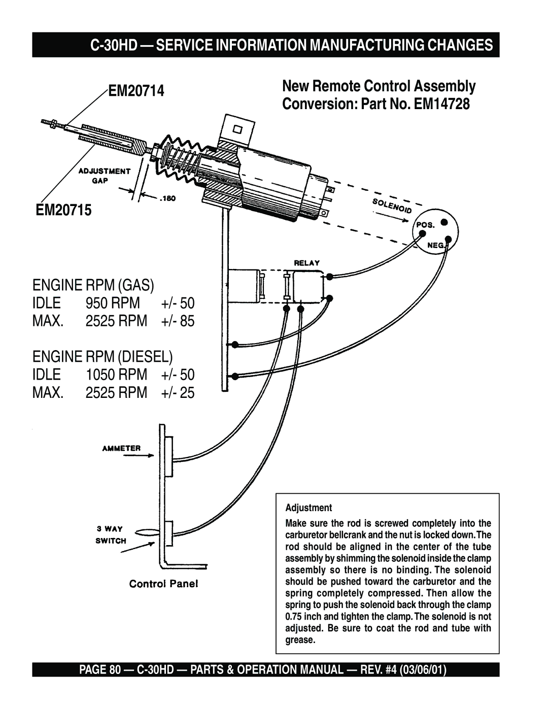 Multiquip C-30HD operation manual EM20714 EM20715, Adjustment 