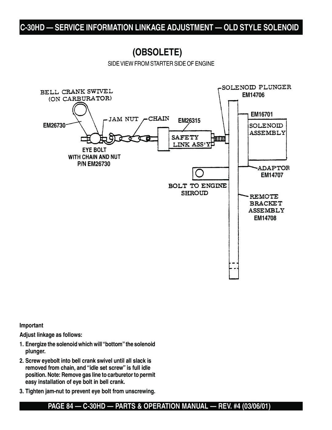 Multiquip C-30HD operation manual Obsolete, Tighten jam-nut to prevent eye bolt from unscrewing 