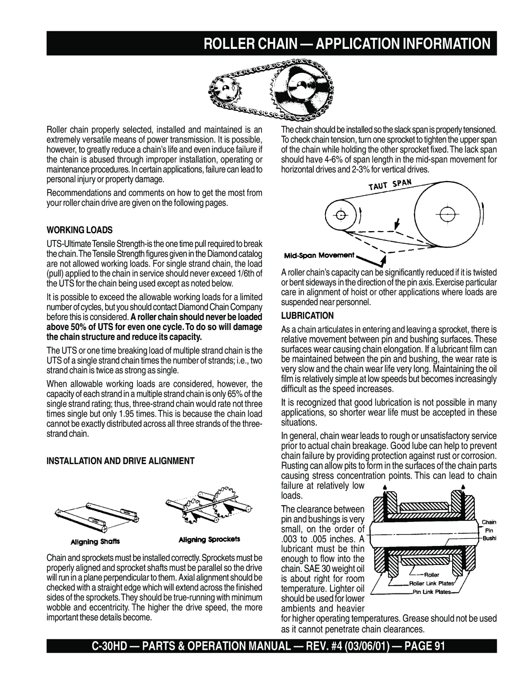 Multiquip C-30HD operation manual Working Loads, Installation and Drive Alignment, Lubrication 