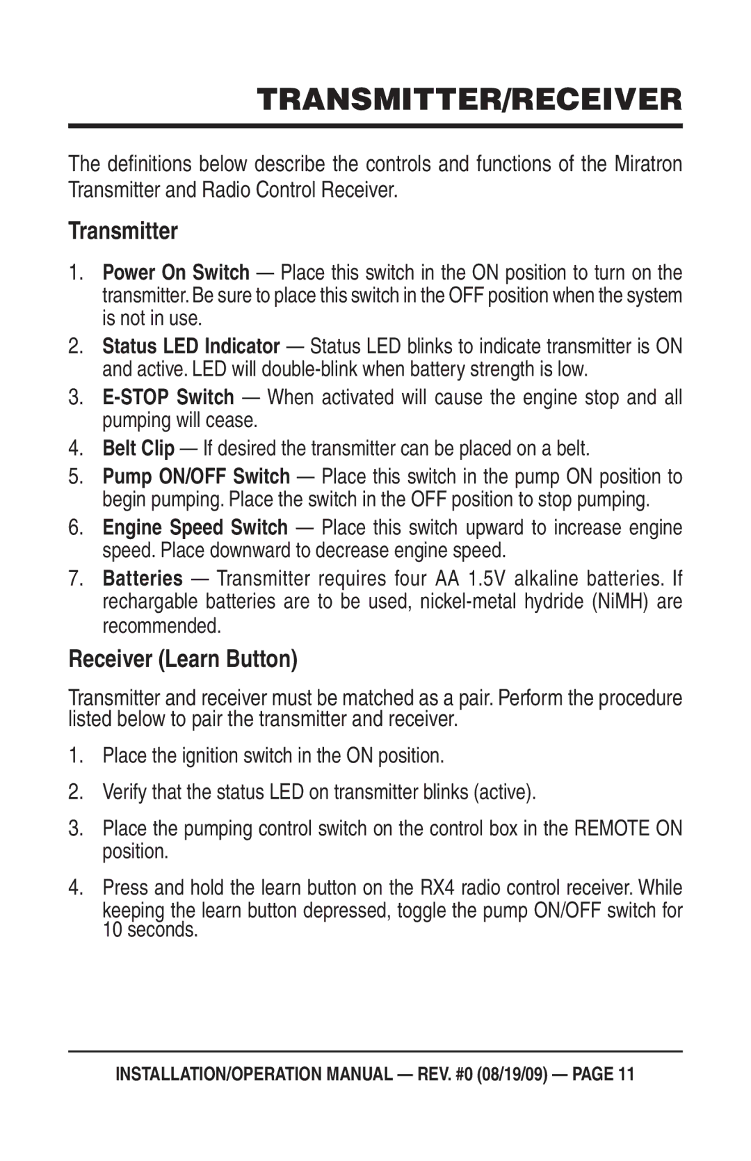 Multiquip C30HDG operation manual Transmitter/Receiver, Receiver Learn Button 