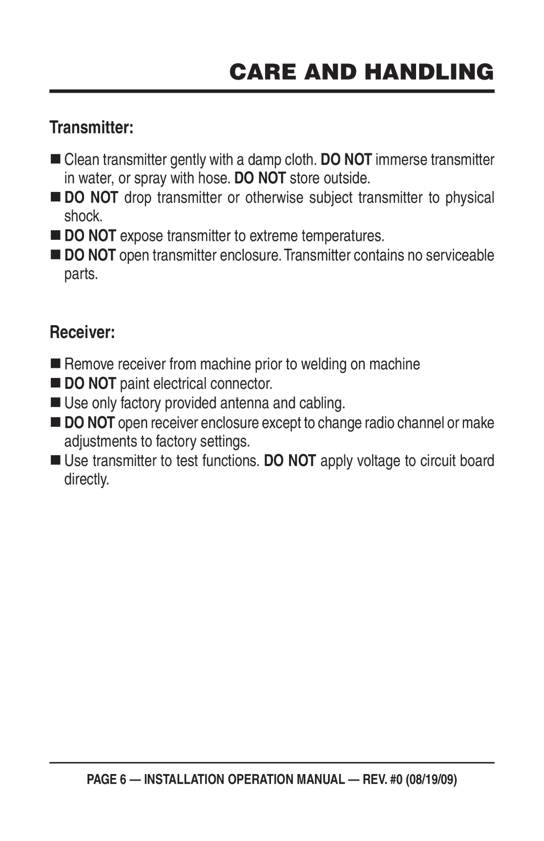 Multiquip C30HDG operation manual Care and Handling, Transmitter, Receiver 