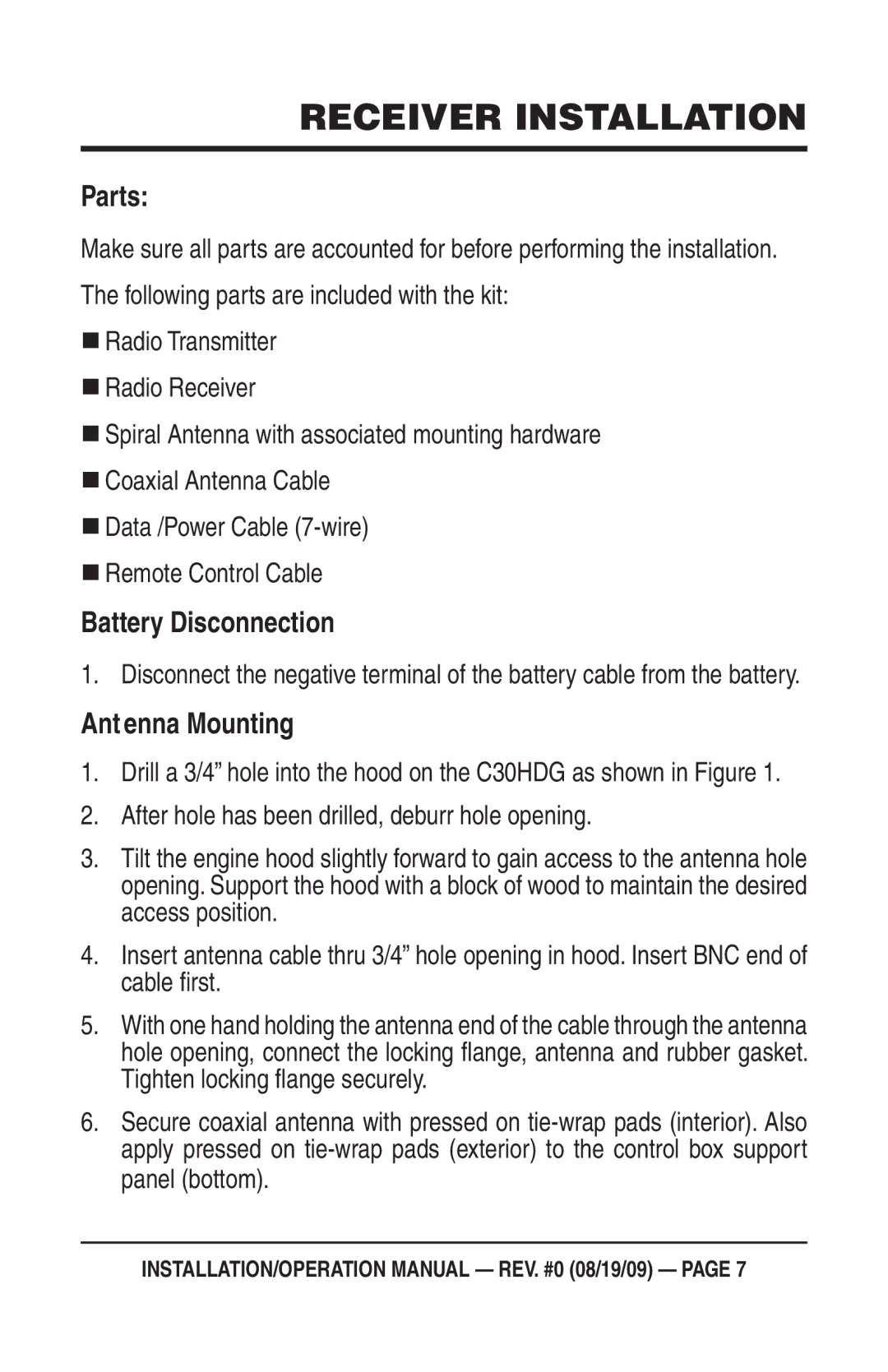 Multiquip C30HDG operation manual Receiver Installation, Parts, Battery Disconnection, Ant enna Mounting 