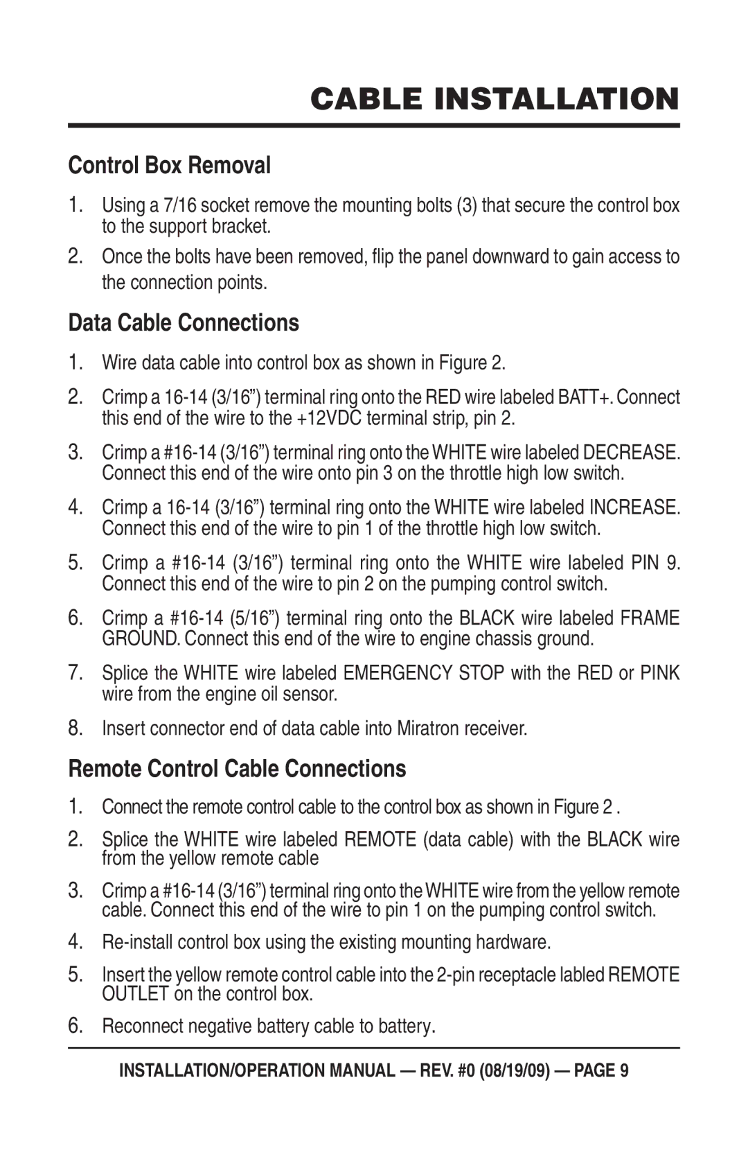 Multiquip C30HDG Cable Installation, Control Box Removal, Data Cable Connections, Remote Control Cable Connections 