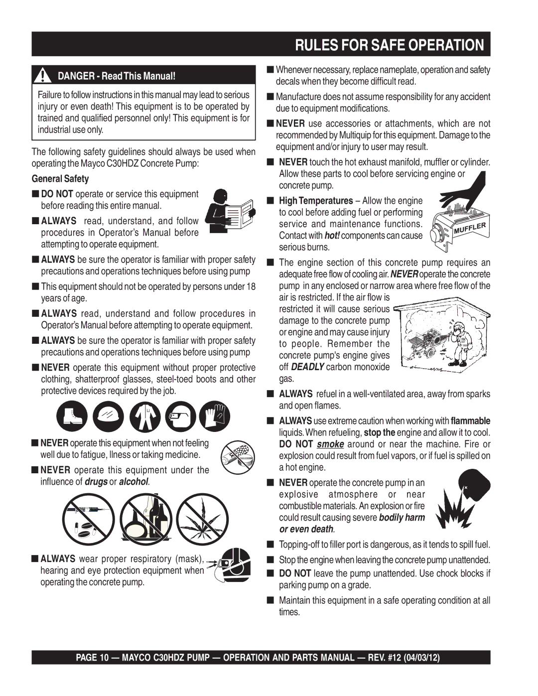 Multiquip C30HDZ manual Rules for Safe Operation, General Safety, High Temperatures Allow the engine 