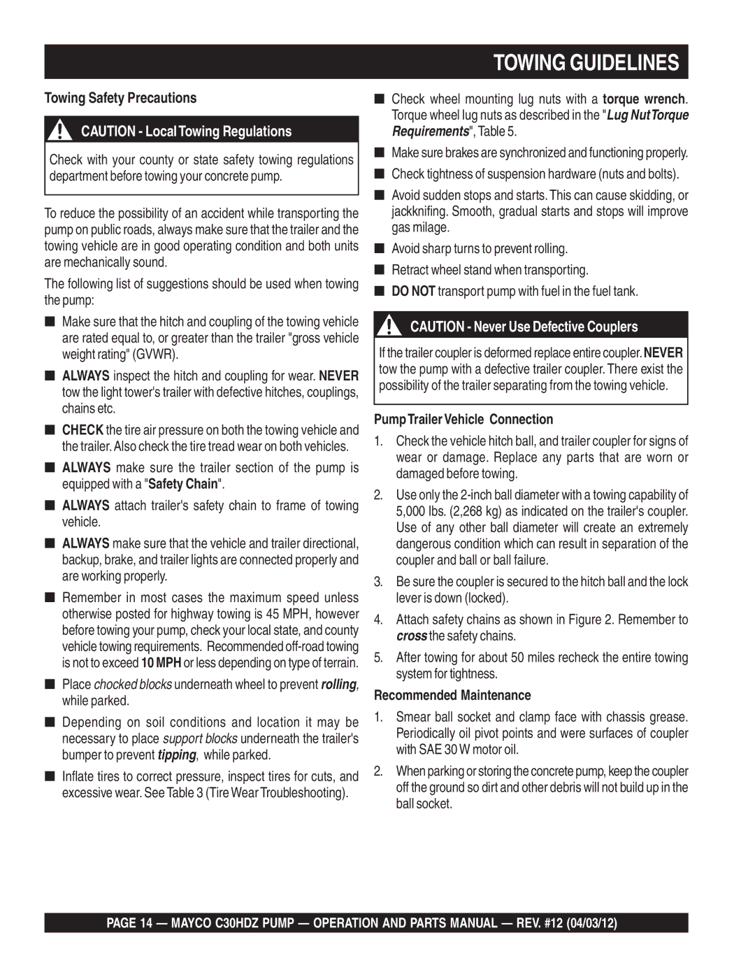 Multiquip C30HDZ manual Towing Guidelines, PumpTrailer Vehicle Connection, Recommended Maintenance 