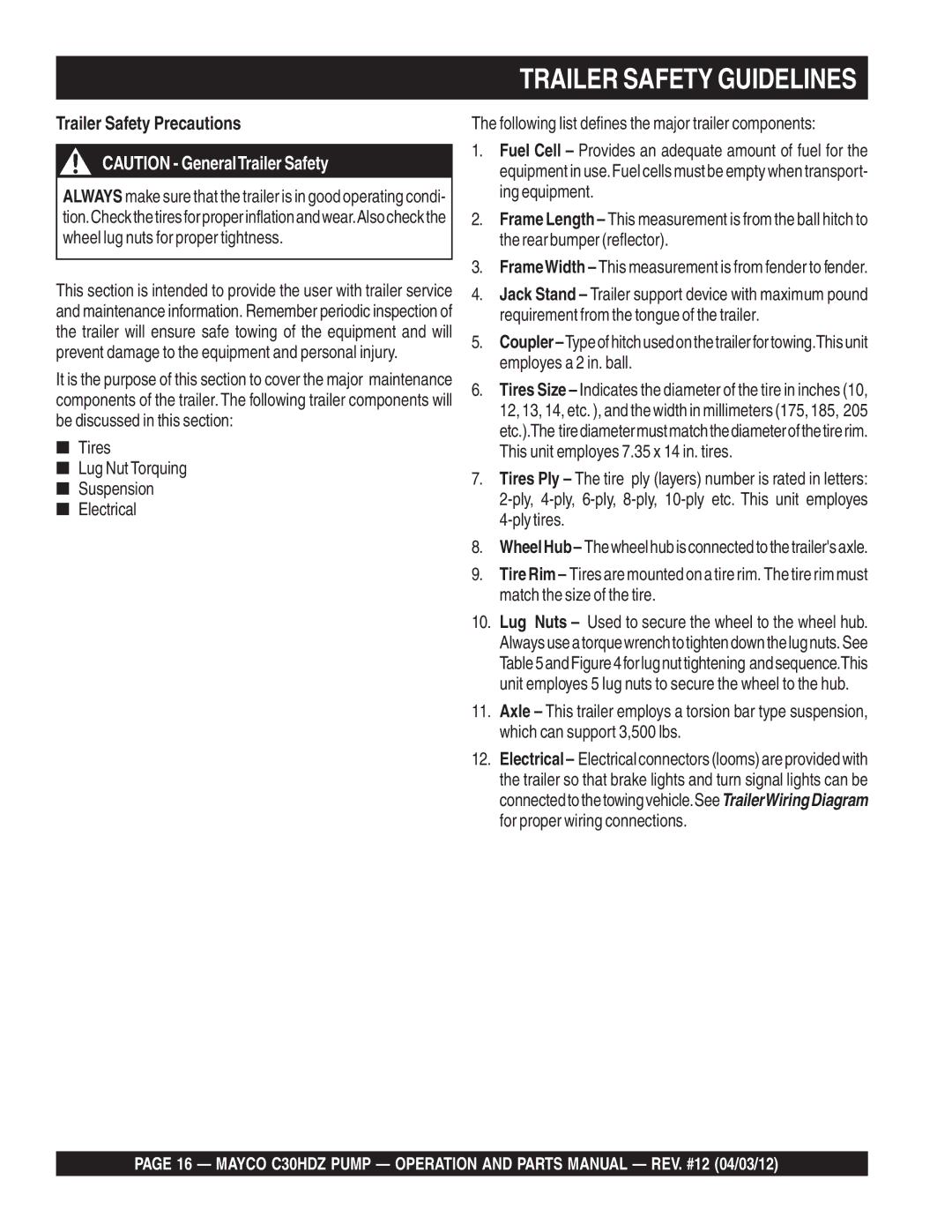 Multiquip C30HDZ manual Trailer Safety Guidelines, Trailer Safety Precautions 