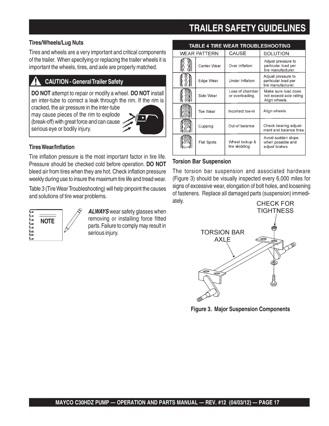 Multiquip C30HDZ manual Tires/Wheels/Lug Nuts, TiresWear/Inflation, Always wear safety glasses when, Torsion Bar Suspension 