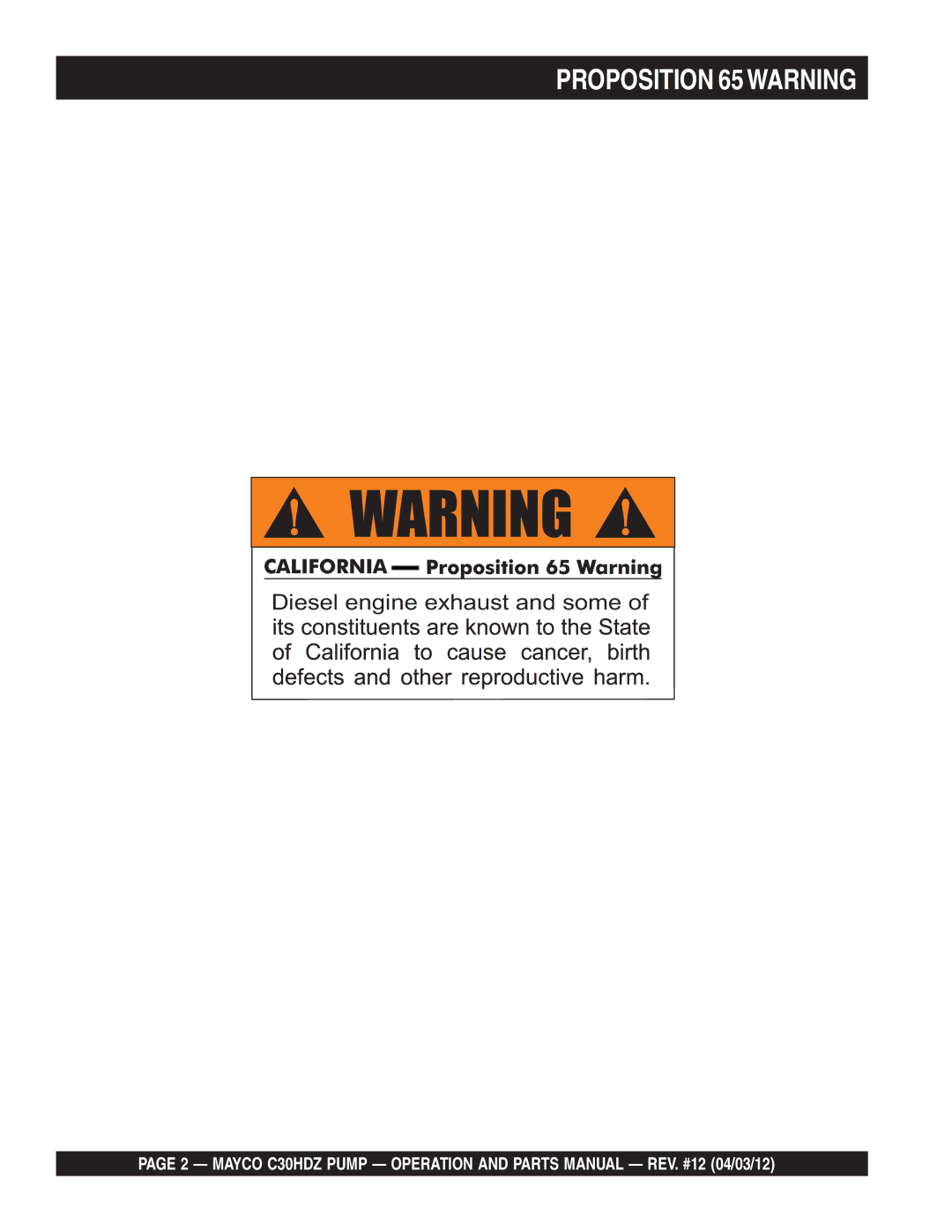 Multiquip C30HDZ manual Proposition 65WARNING 