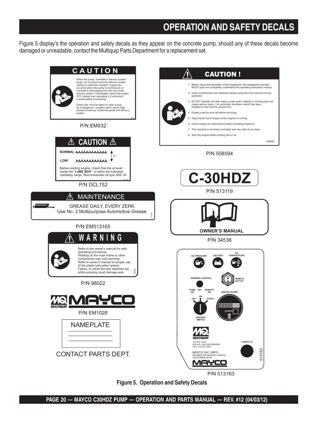 Multiquip C30HDZ manual Operation and Safety Decals 