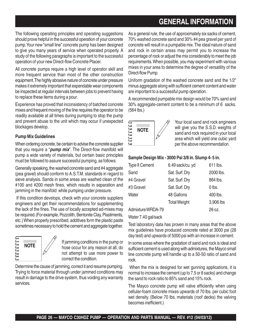 Multiquip C30HDZ manual General Information, Pump Mix Guidelines, Sample Design Mix 3000 Psi 3/8 in. Slump 4- 5 