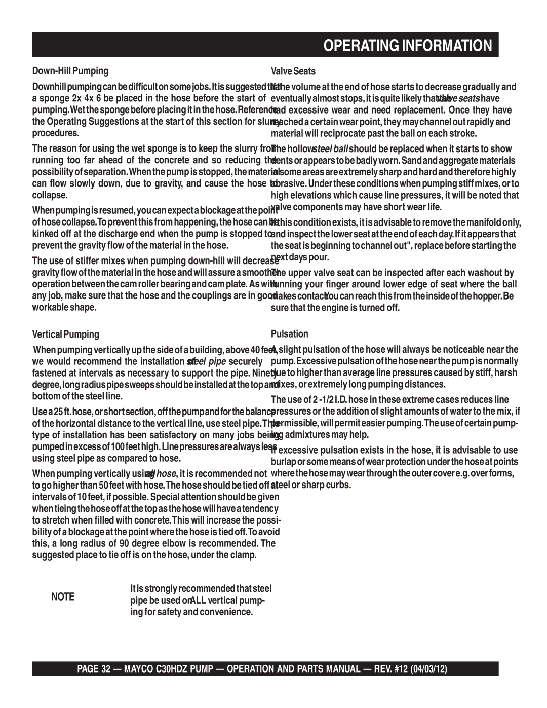Multiquip C30HDZ manual Down-Hill Pumping, VerticalPumping, Pulsation, Itisstronglyrecommendedthatsteel 