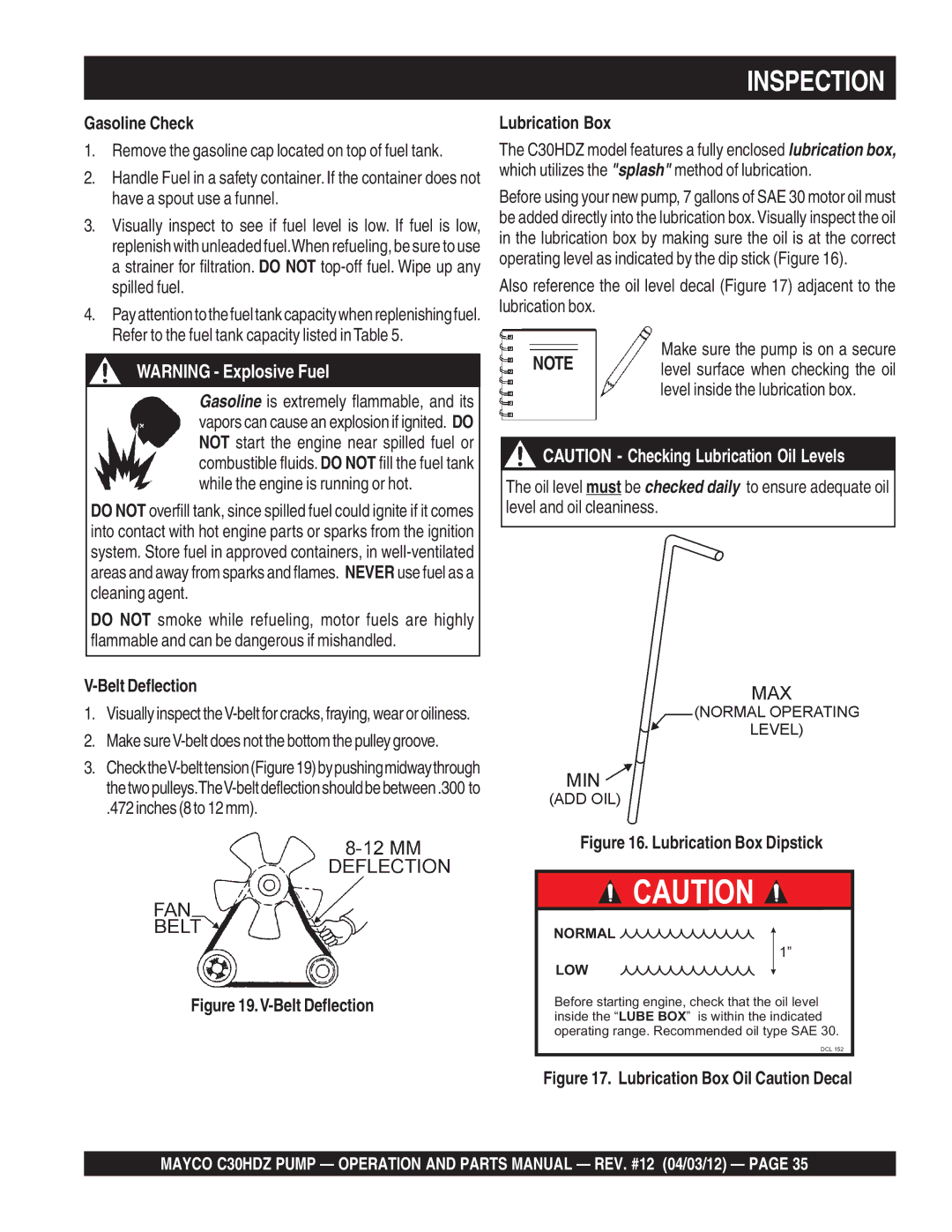 Multiquip C30HDZ manual Gasoline Check, Belt Deflection, Inches 8 to 12 mm, Lubrication Box 