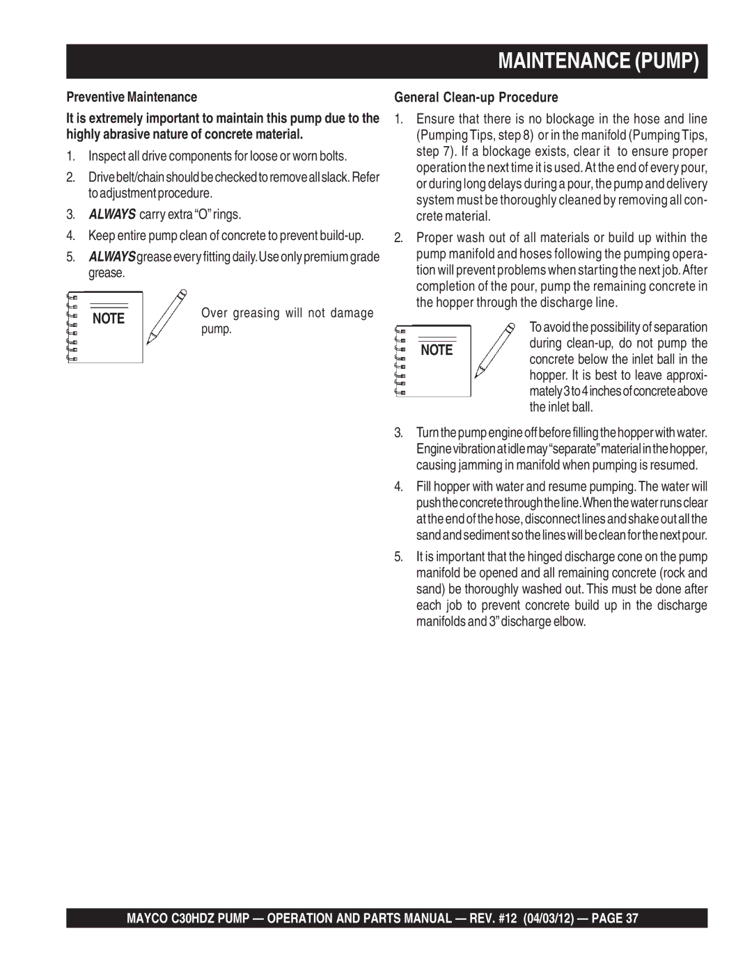 Multiquip C30HDZ manual Maintenance Pump, Preventive Maintenance, General Clean-up Procedure 