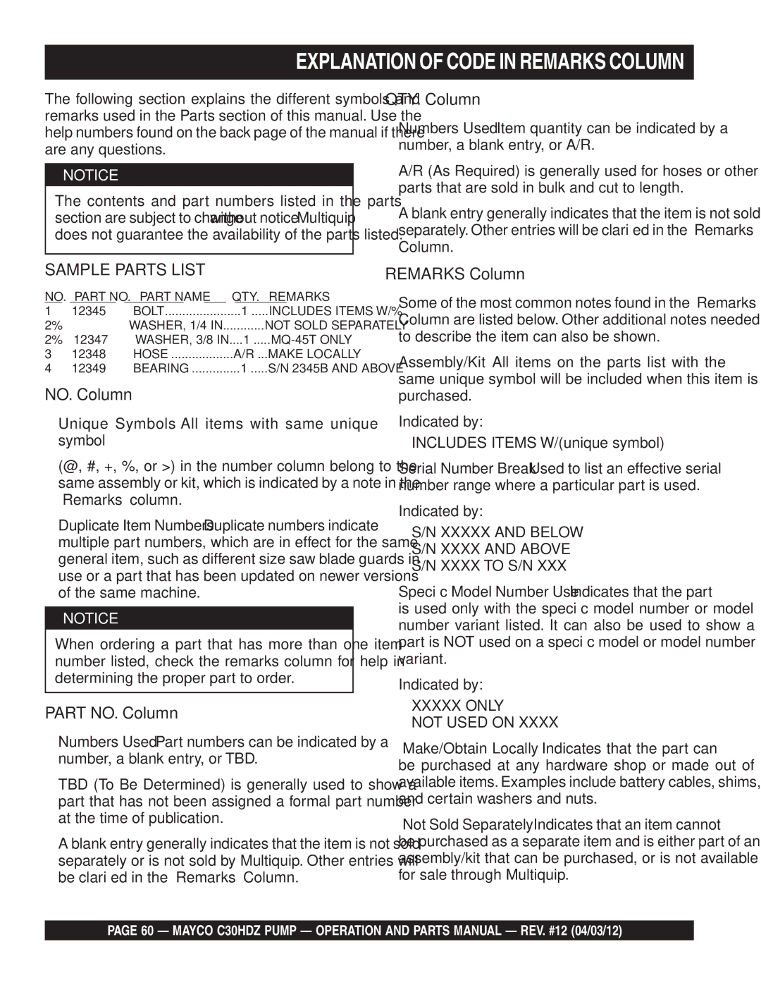 Multiquip C30HDZ manual Explanation of Code in Remarks Column, Xxxxx only Not Used on 