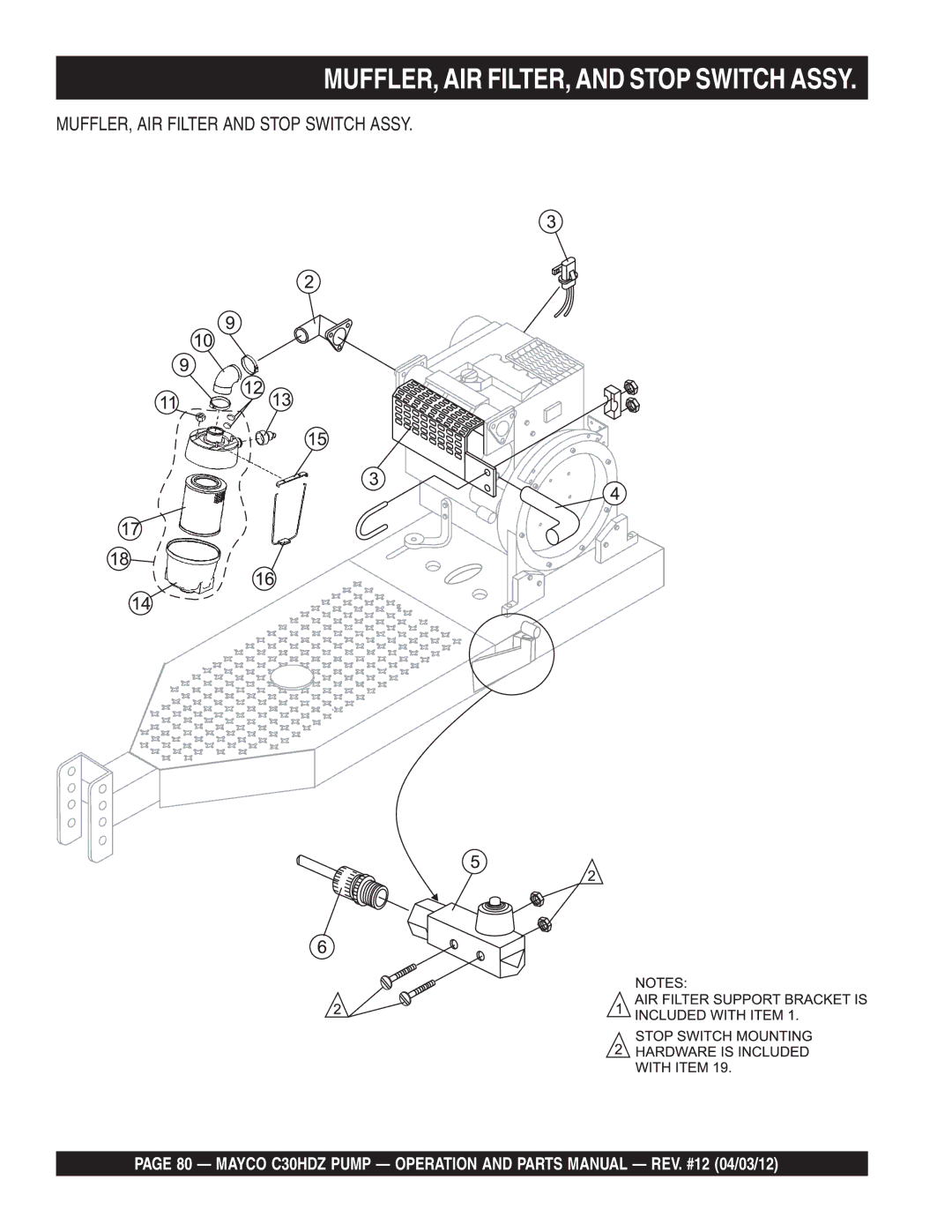 Multiquip C30HDZ manual MUFFLER, AIR FILTER, and Stop Switch Assy, MUFFLER, AIR Filter and Stop Switch Assy 