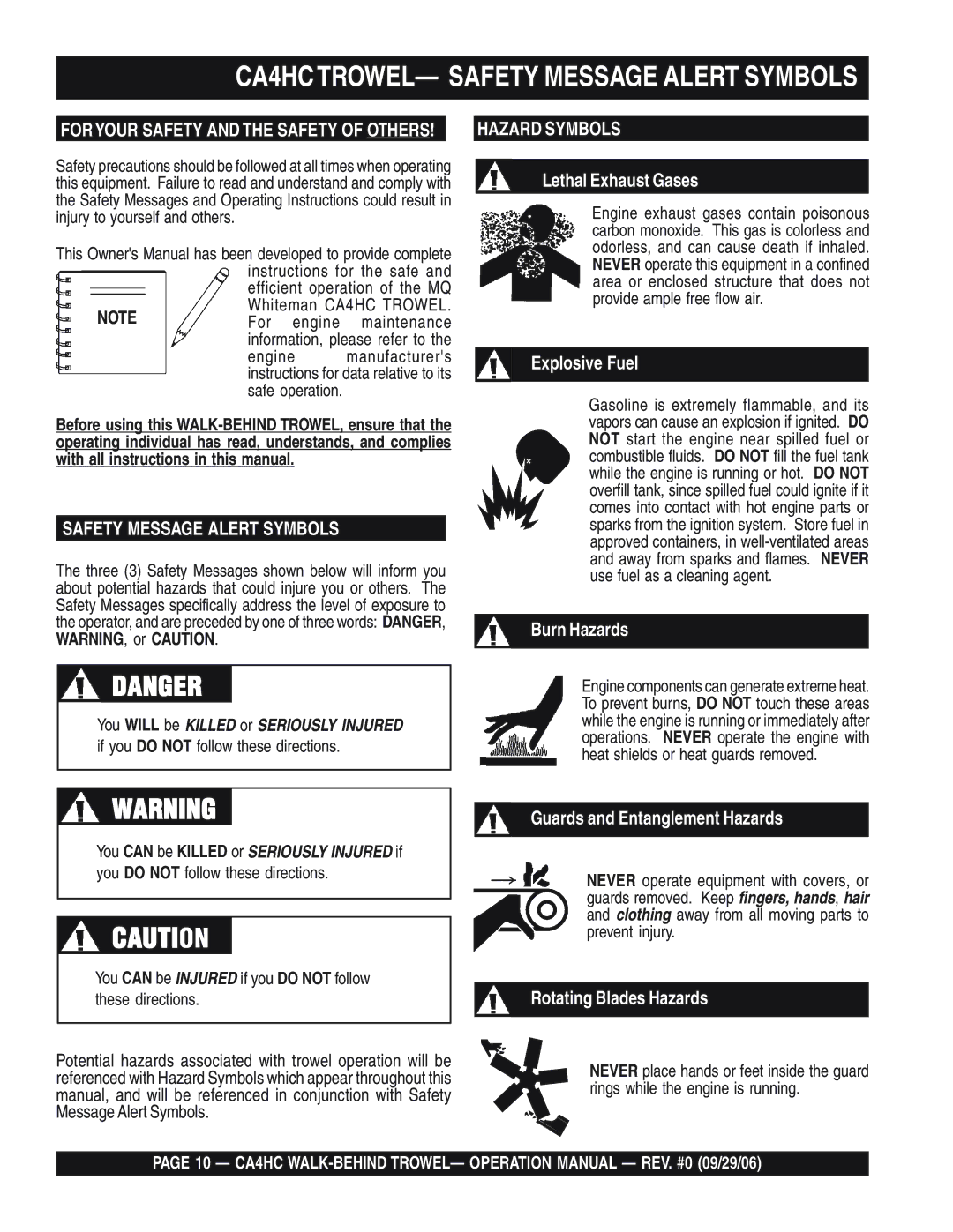 Multiquip operation manual CA4HCTROWEL- Safety Message Alert Symbols, If you do not follow these directions 