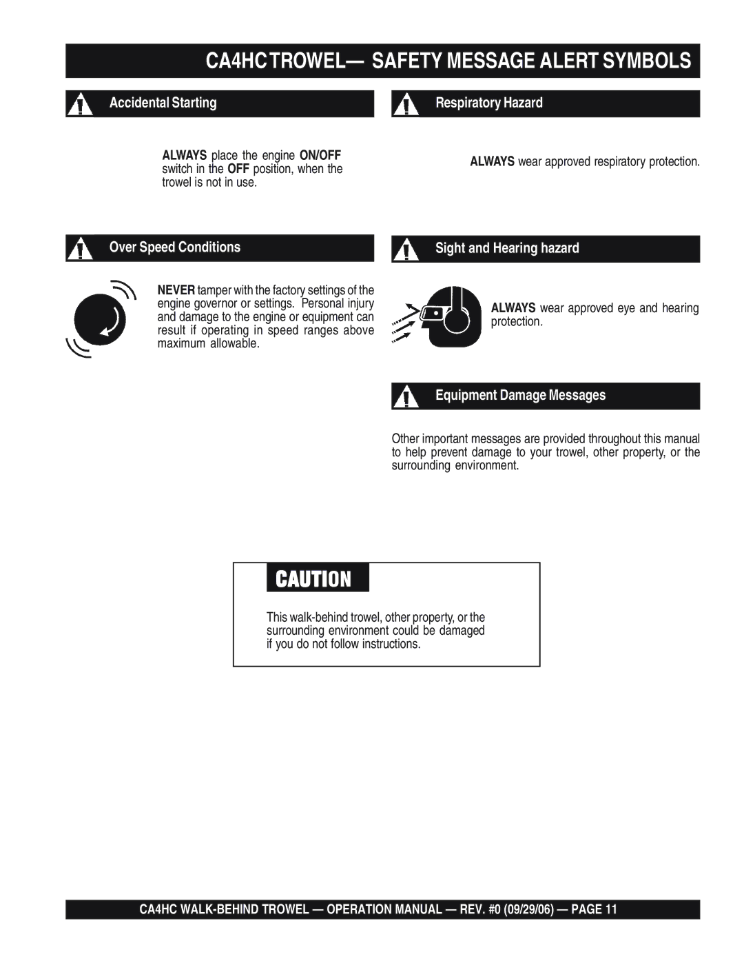 Multiquip operation manual CA4HCTROWEL- Safety Message Alert Symbols, Always wear approved eye and hearing protection 