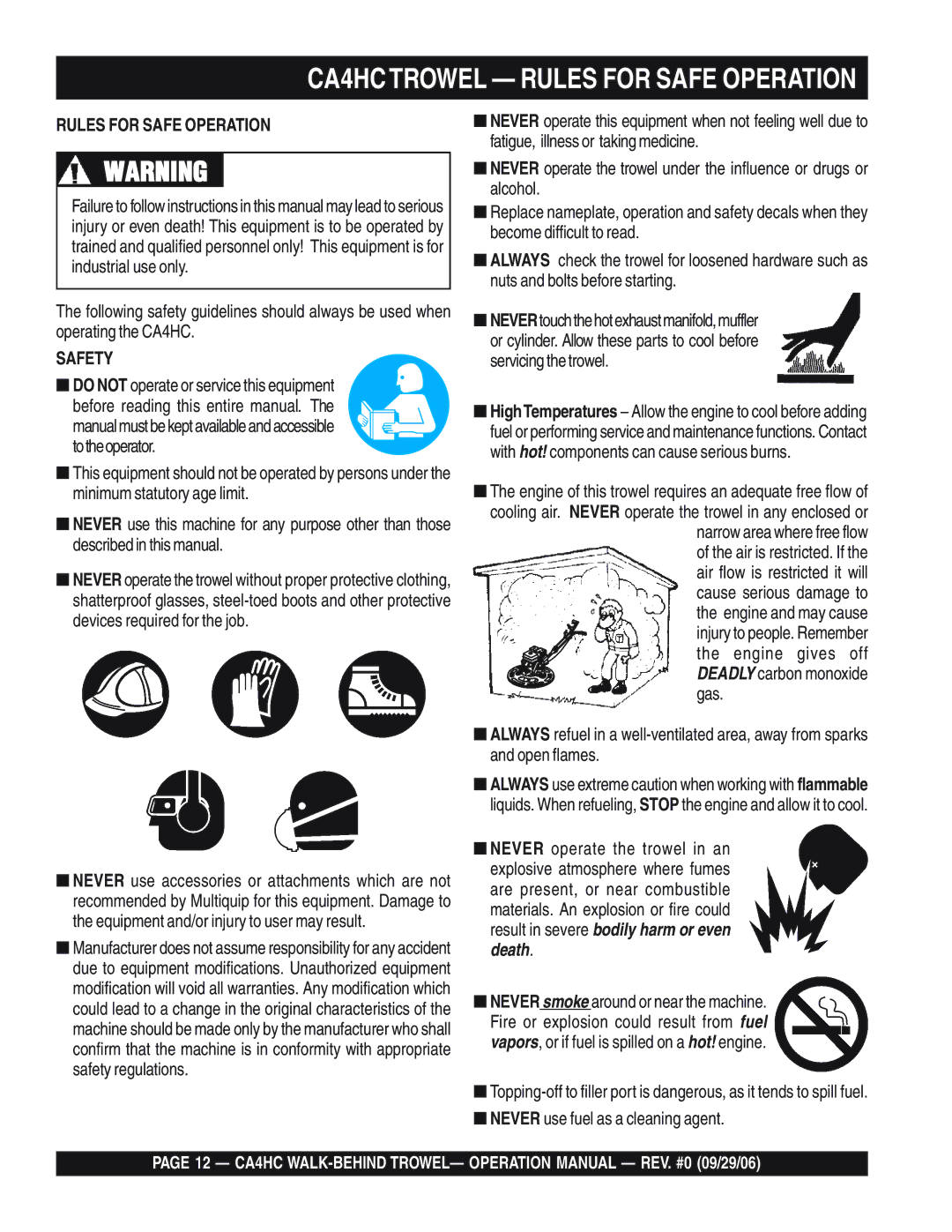 Multiquip CA4HC operation manual Fatigue, illness or taking medicine, Safety 