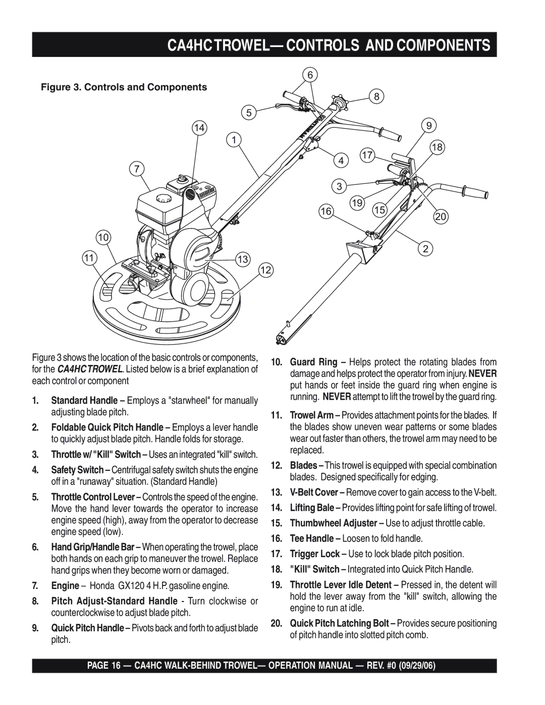 Multiquip operation manual CA4HCTROWEL- Controls and Components, Engine Honda GX120 4 H.P. gasoline engine 