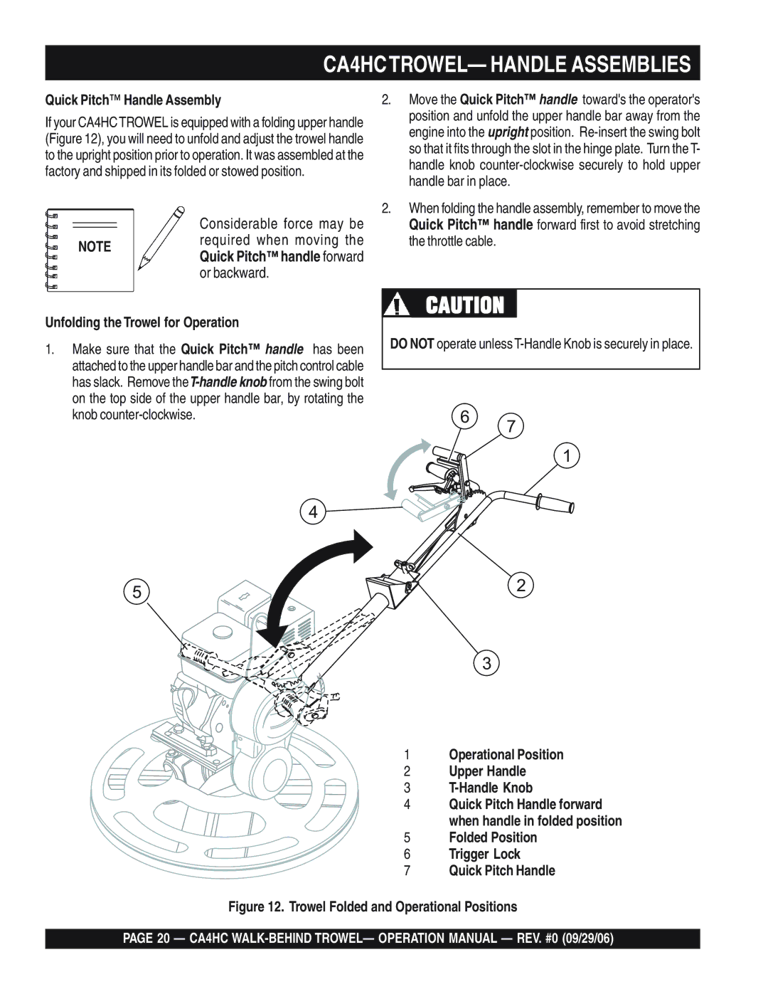 Multiquip CA4HC operation manual Quick Pitch Handle Assembly, Unfolding the Trowel for Operation 