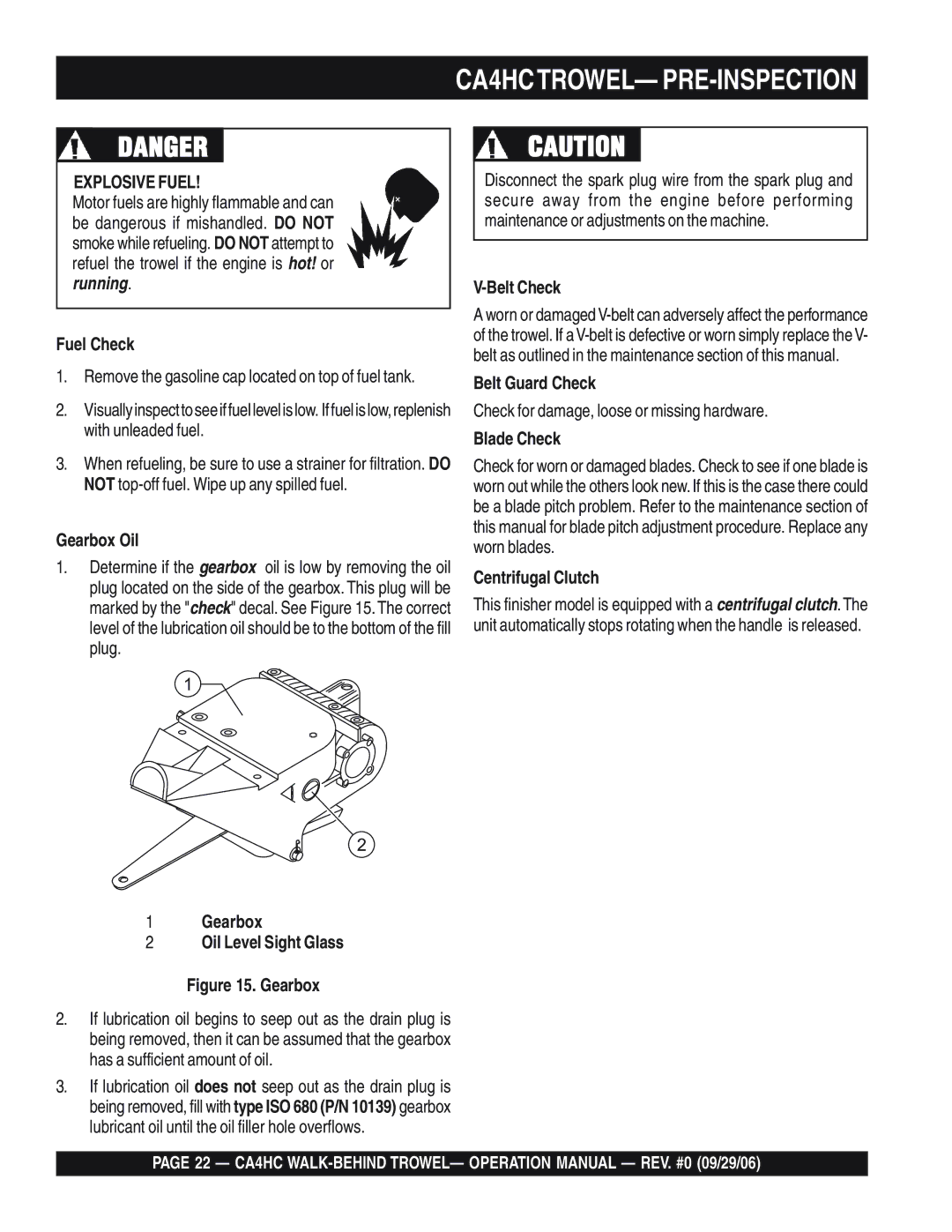 Multiquip operation manual CA4HCTROWEL- PRE-INSPECTION, Explosive Fuel 