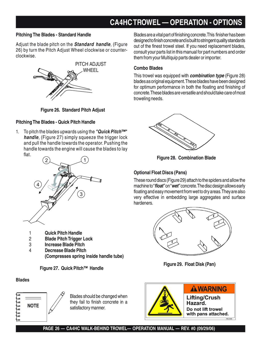 Multiquip CA4HC operation manual Pitching The Blades Standard Handle, Satisfactory manner, Combo Blades 