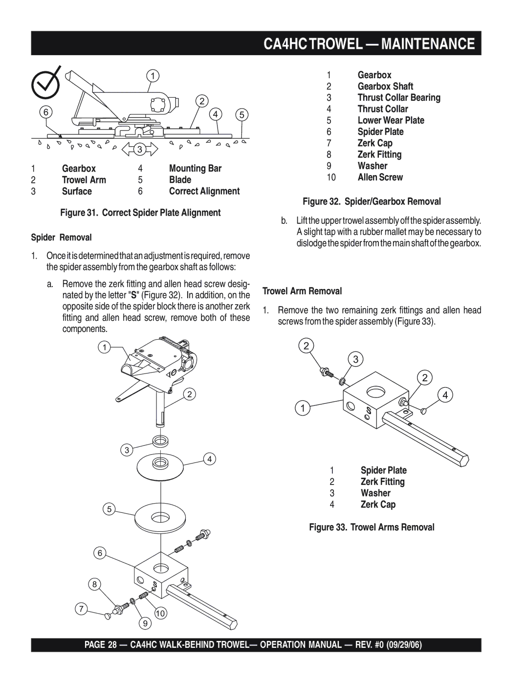 Multiquip operation manual CA4HCTROWEL Maintenance, Trowel Arm Blade Surface, Trowel Arm Removal 