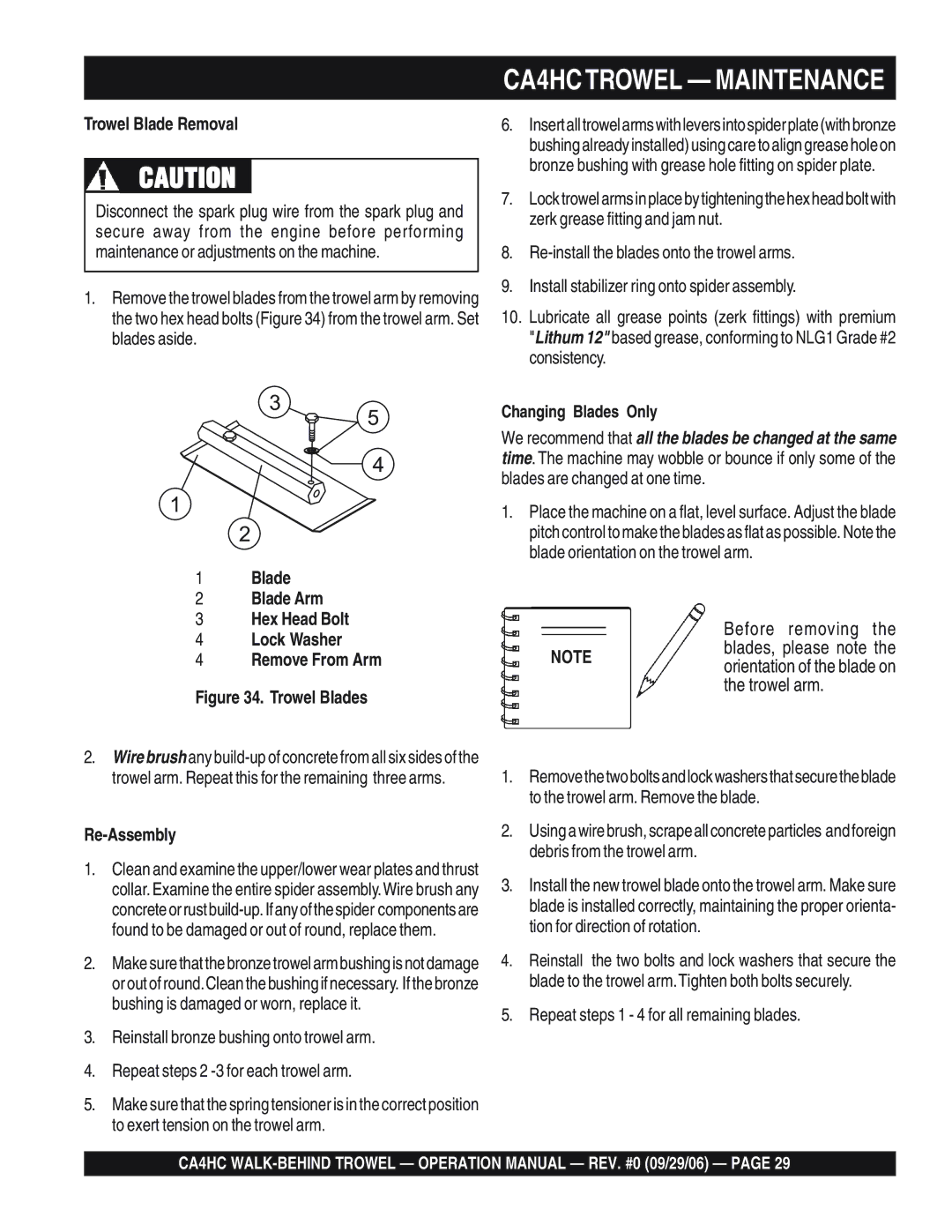 Multiquip CA4HC Trowel Blade Removal, Changing Blades Only, Blade Blade Arm Hex Head Bolt Lock Washer, Re-Assembly 