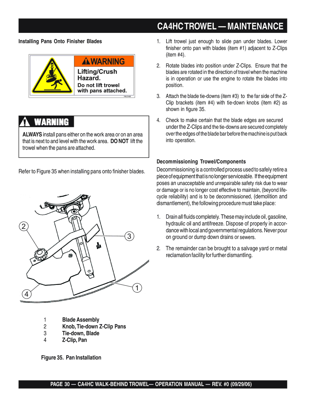 Multiquip CA4HC operation manual Installing Pans Onto Finisher Blades, Decommissioning Trowel/Components 