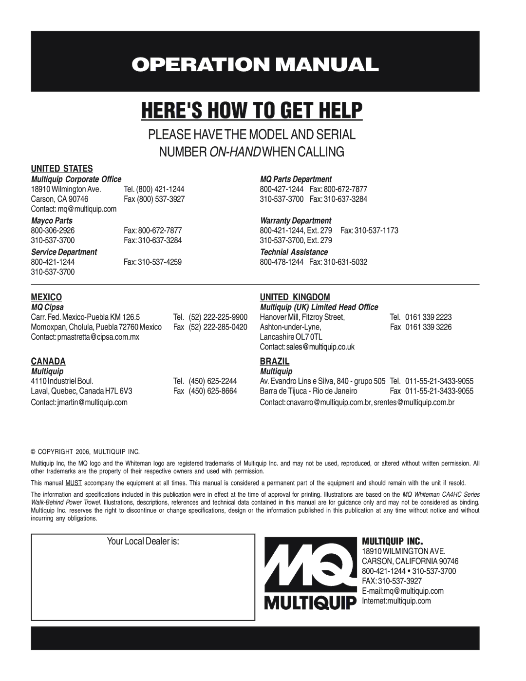 Multiquip CA4HC operation manual United States, Mexico United Kingdom, Canada Brazil, Your Local Dealer is, Multiquip INC 